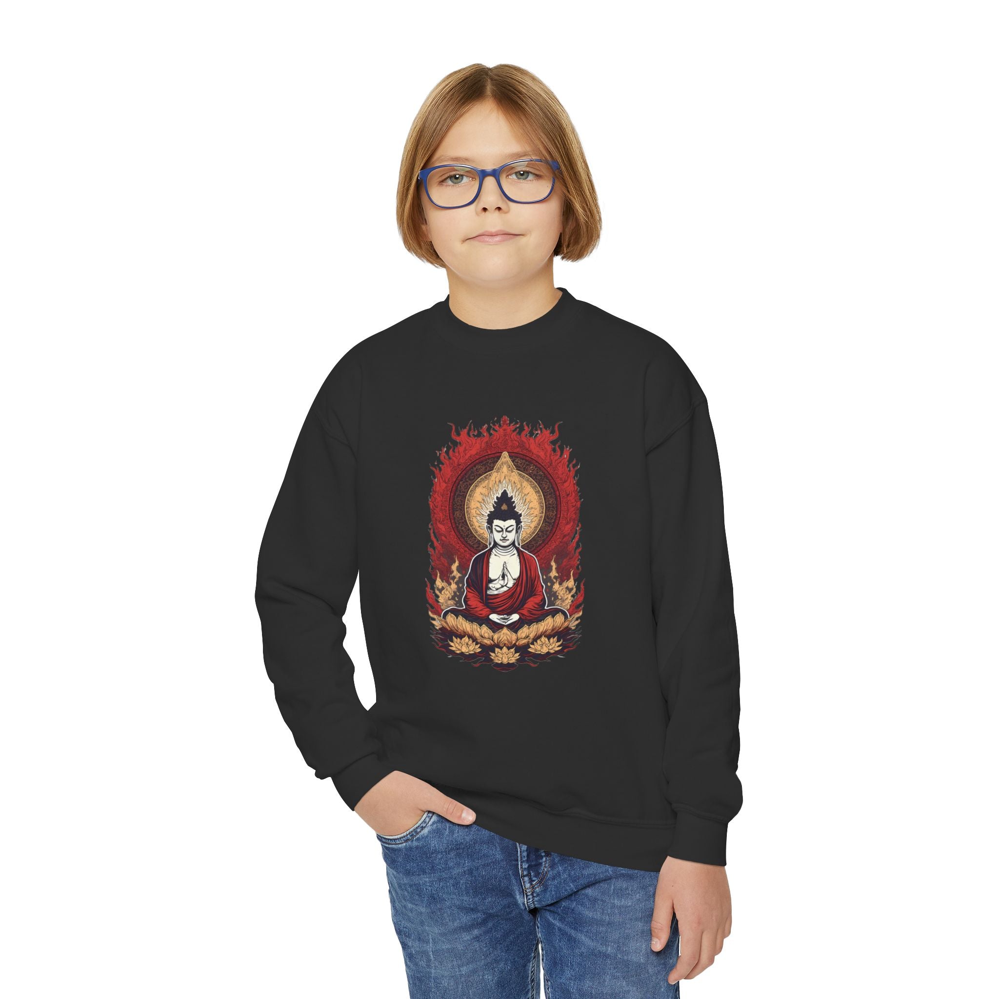 Buddha Flame Youth Crewneck Sweatshirt - Meditating Lotus Graphic