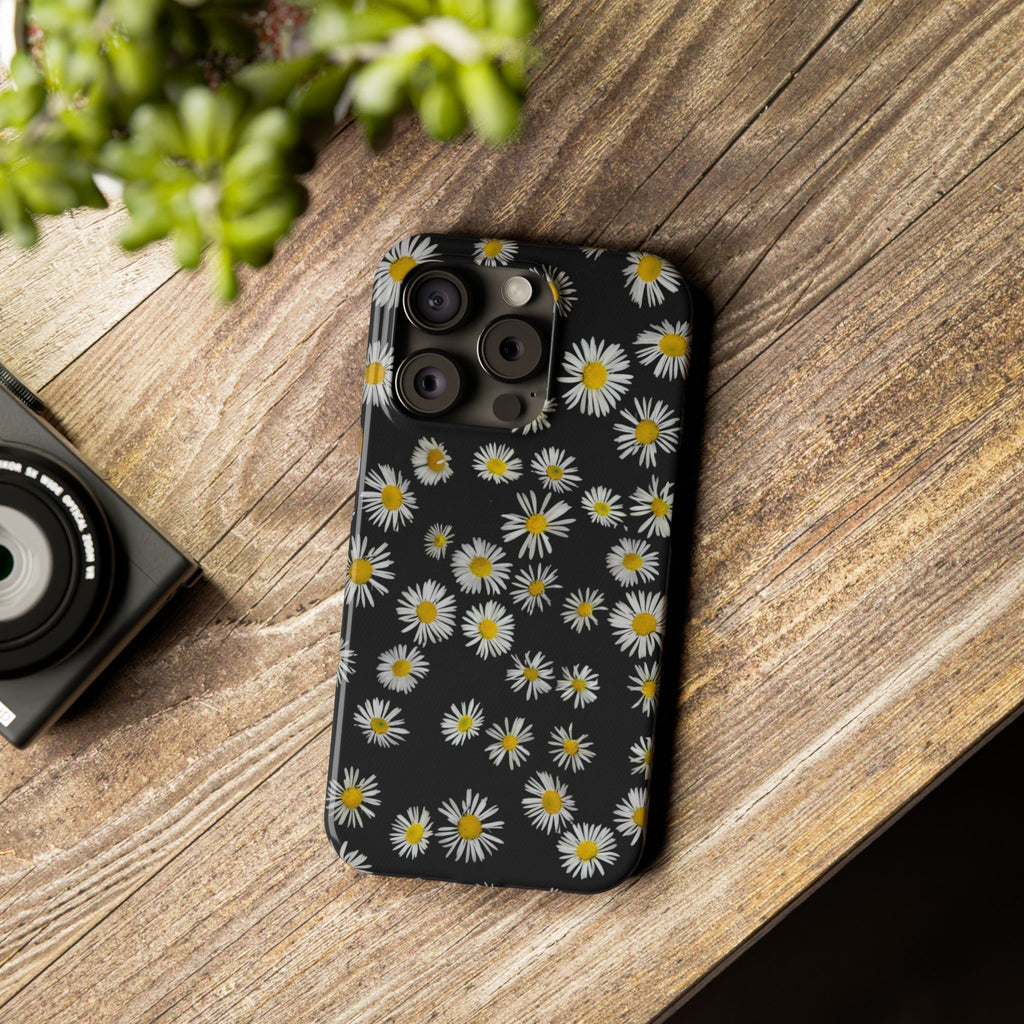 Daisy Pattern Slim Phone Case — Black Background Floral iPhone Case
