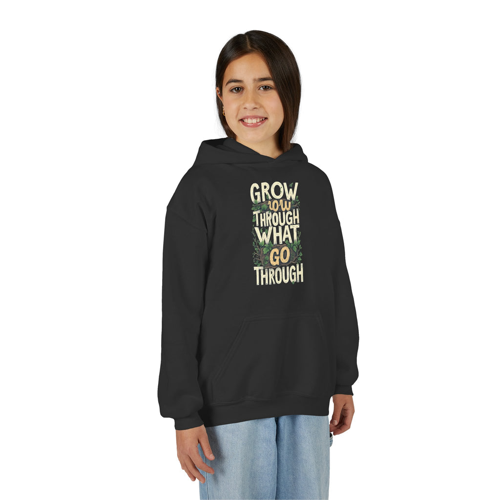Youth Hoodie — 'Grow Slow, Go Through' Floral Motivational Hooded Sweatshirt