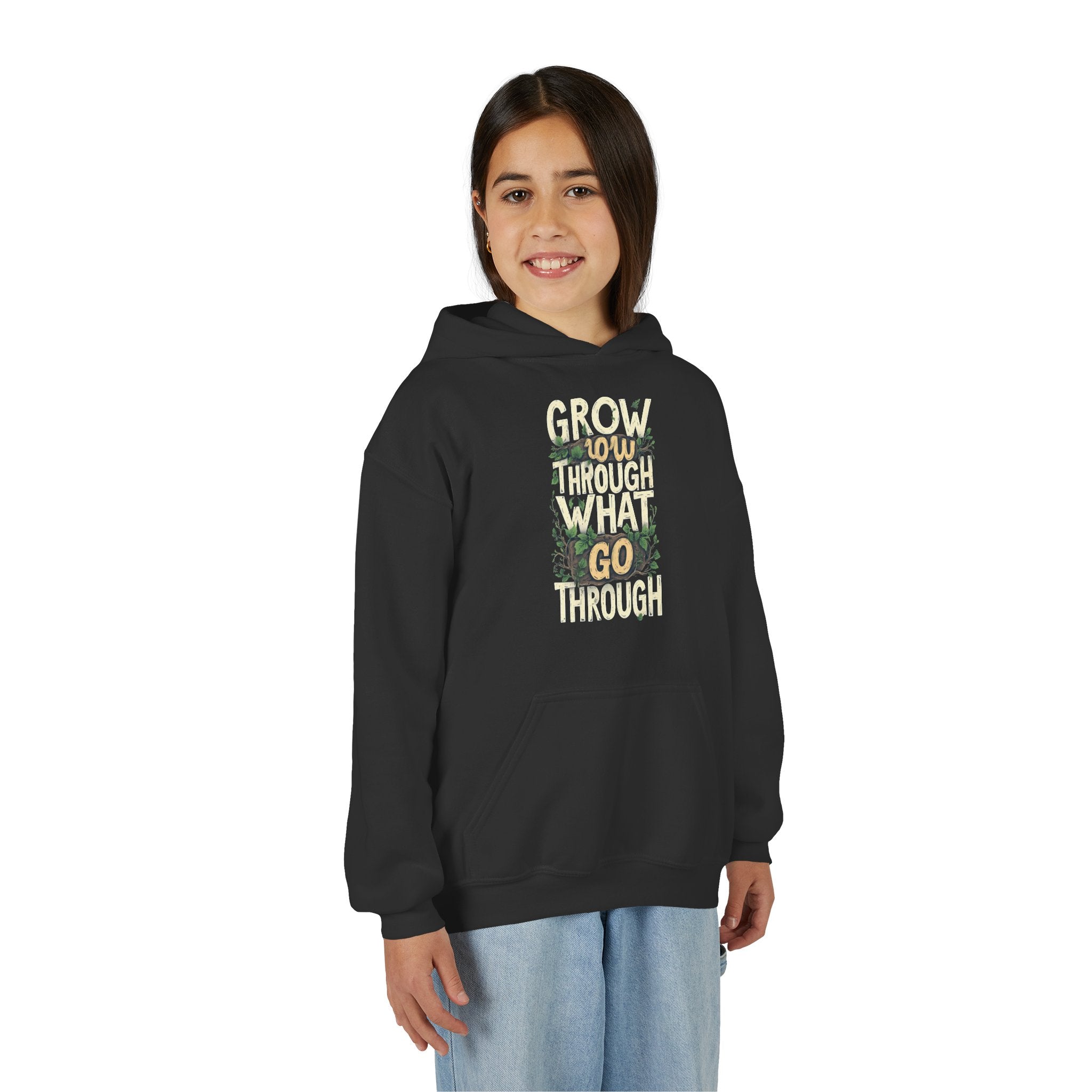 Youth Hoodie — 'Grow Slow, Go Through' Floral Motivational Hooded Sweatshirt