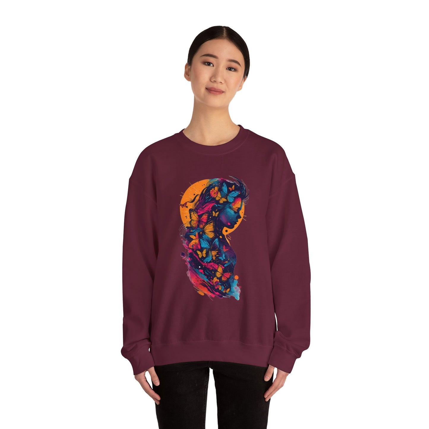 Butterfly Silhouette Crewneck Sweatshirt — Colorful Butterfly Profile Graphic