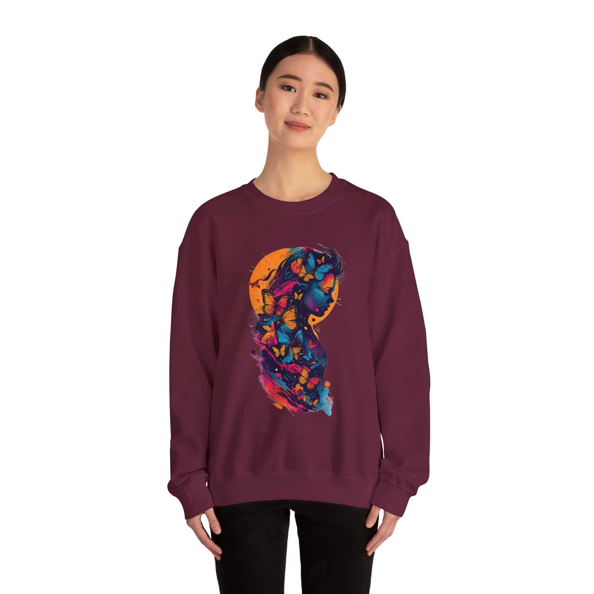 Butterfly Silhouette Crewneck Sweatshirt — Colorful Butterfly Profile Graphic