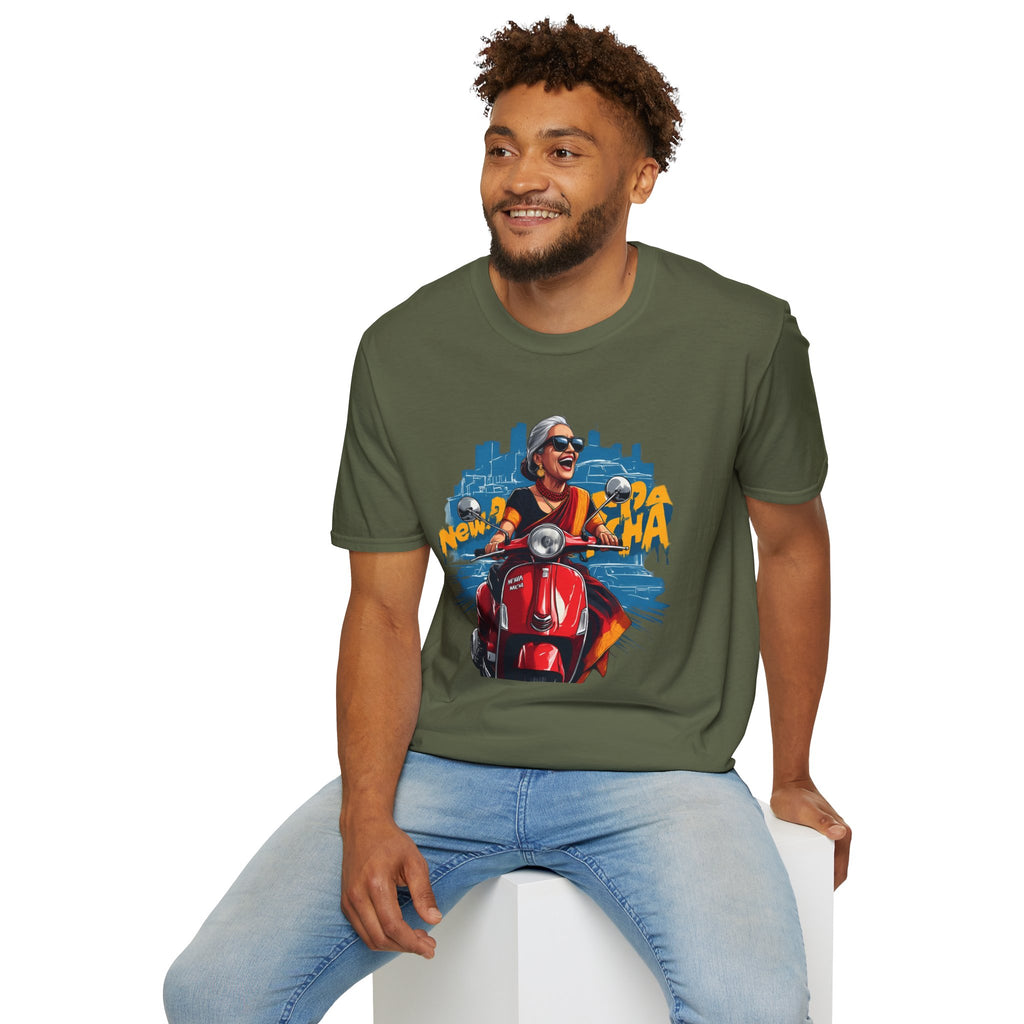 Newa Maicha Riding Scooter T-Shirt – Newari Woman in New York Graphic Tee, Cultural & Urban Design