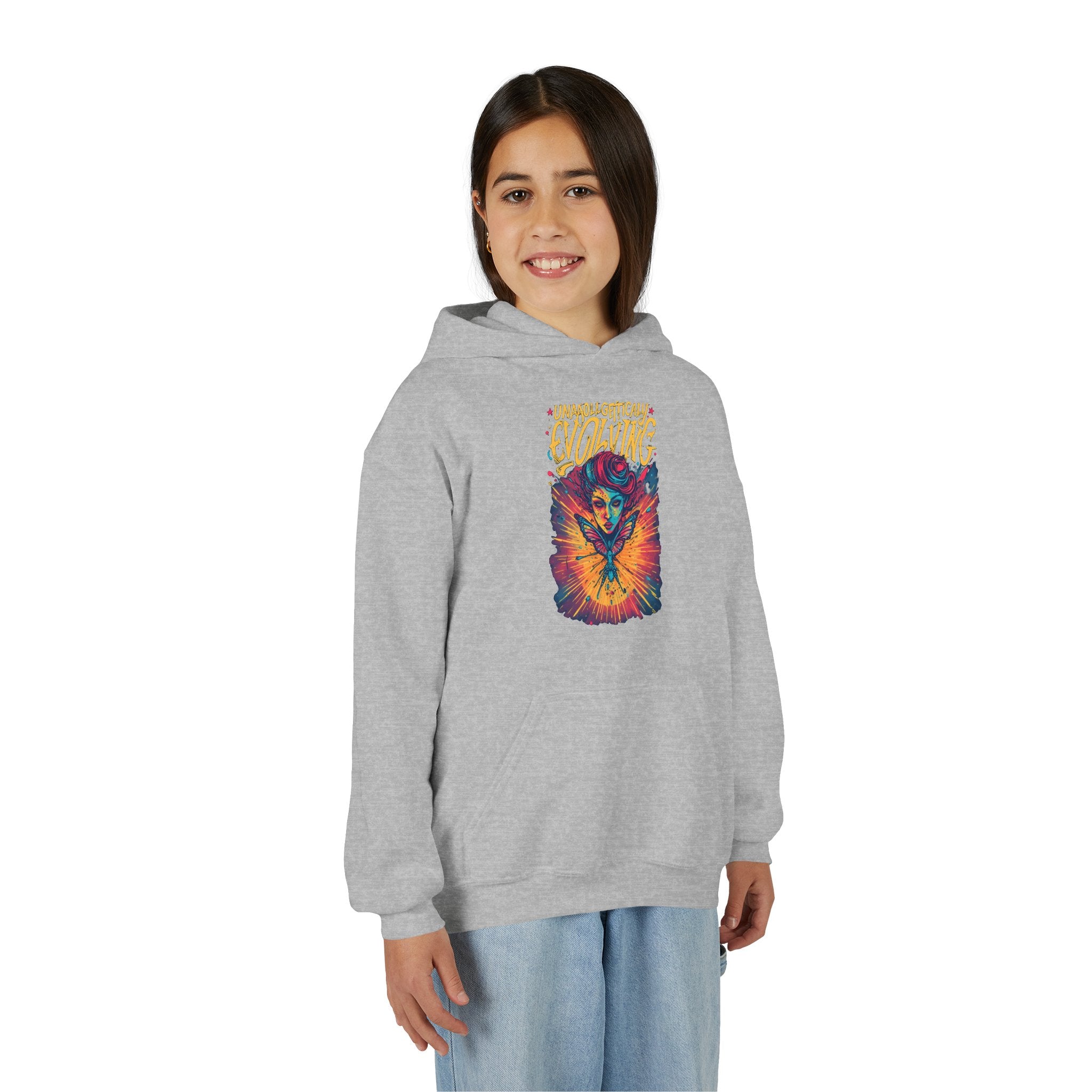 Youth Hoodie — Vibrant 'Evolving' Butterfly Girl Graphic Sweatshirt