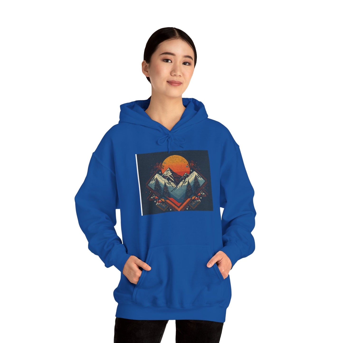 Mountain Sunset Hoodie – Retro Geometric Peaks & Rising Sun Sweatshirt