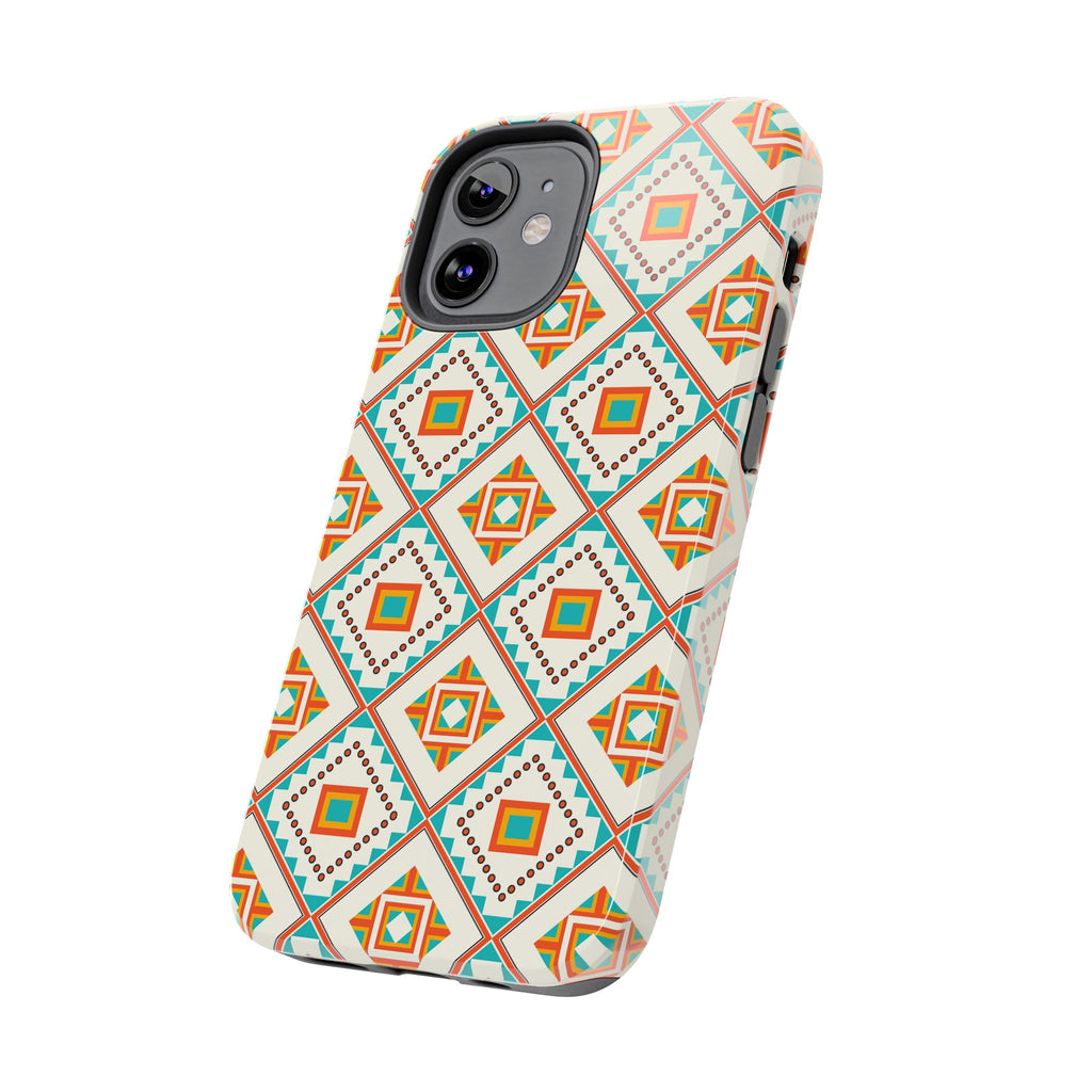 Tough Phone Case — Geometric Retro Tile Pattern, Orange & Teal Protective Cover