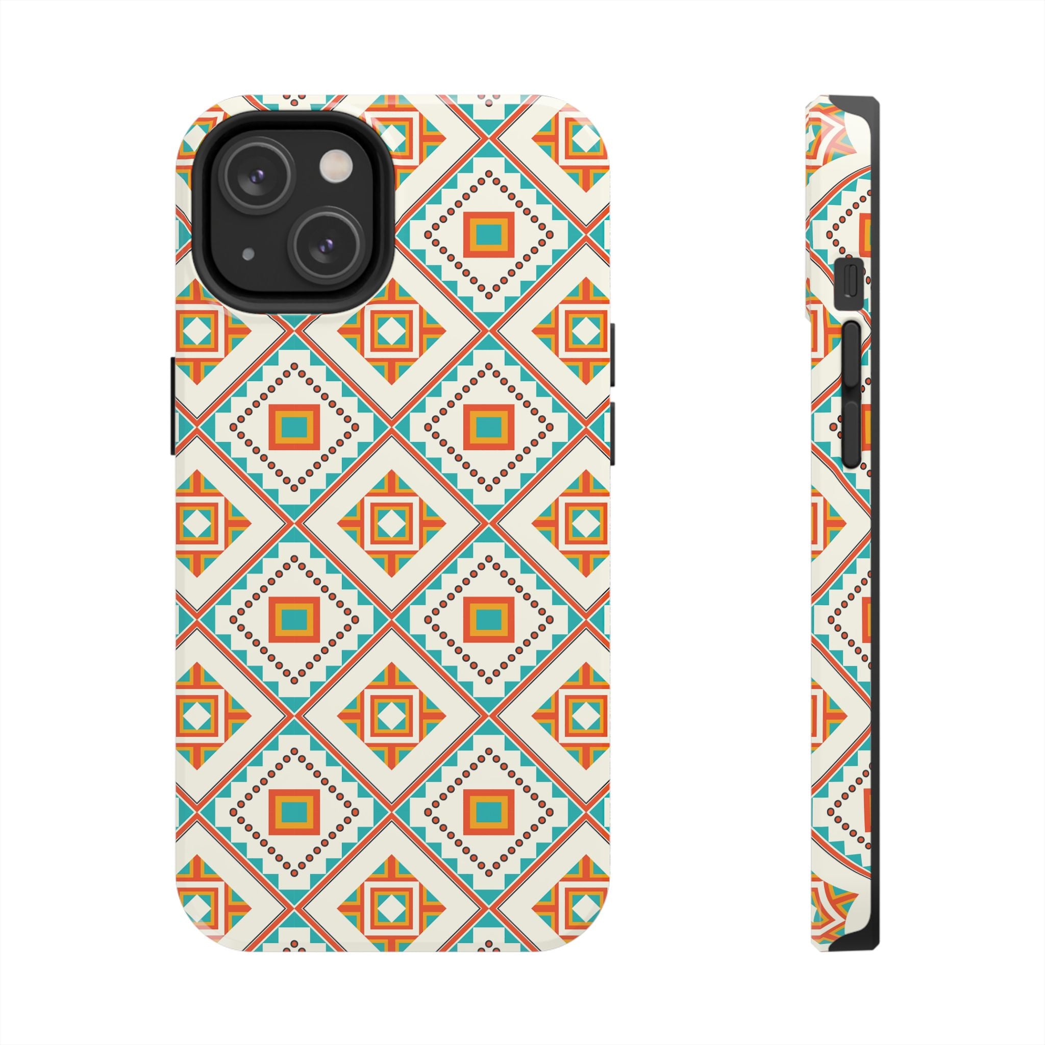 Tough Phone Case — Geometric Retro Tile Pattern, Orange & Teal Protective Cover