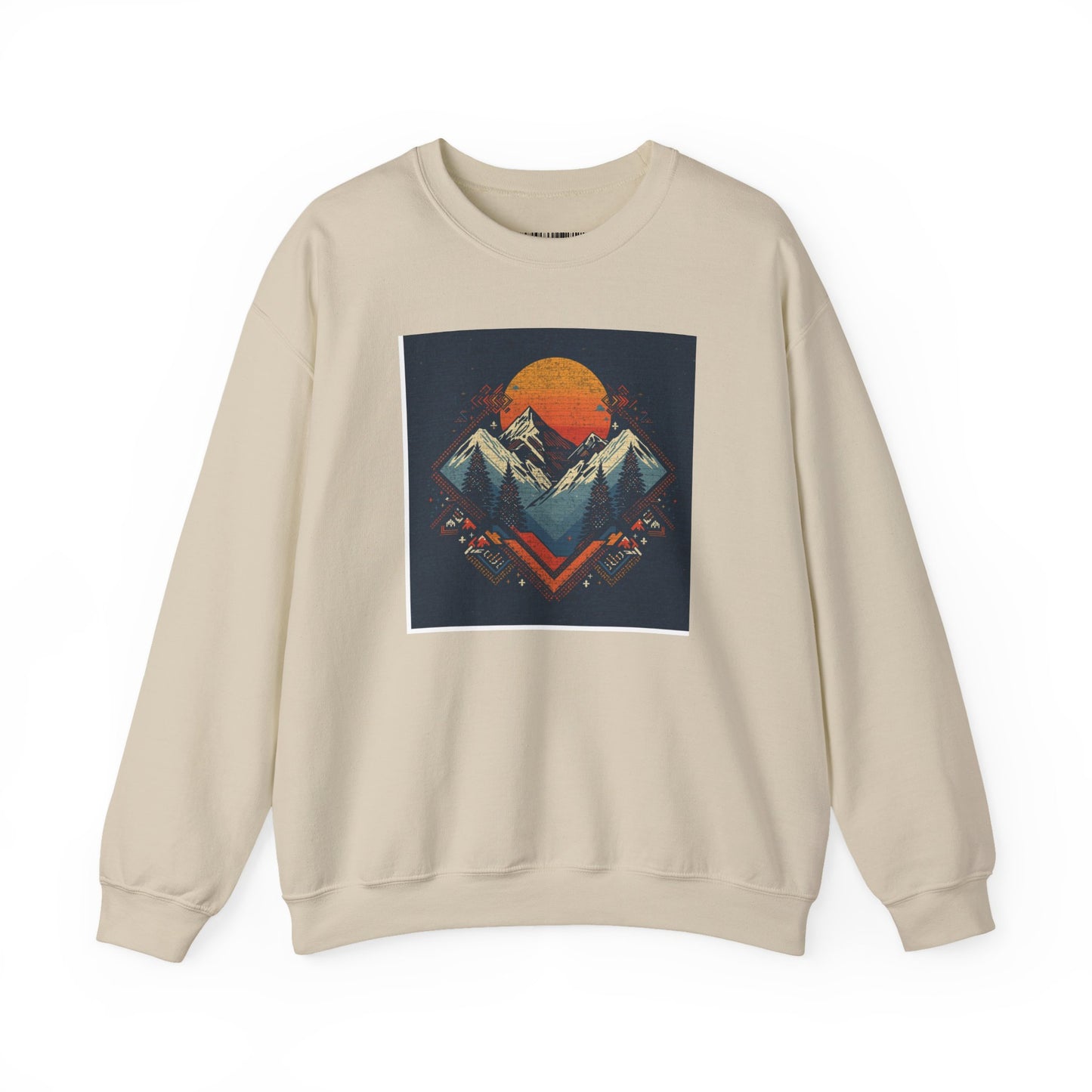Mountain Sunset Crewneck Sweatshirt — Retro Geometric Peaks Graphic