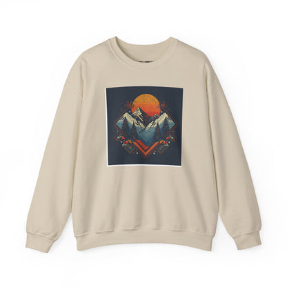 Mountain Sunset Crewneck Sweatshirt — Retro Geometric Peaks Graphic