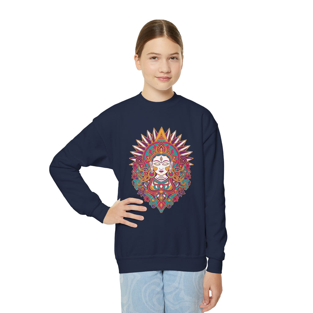 Youth Crewneck Sweatshirt — Colorful Boho Sun Goddess Graphic