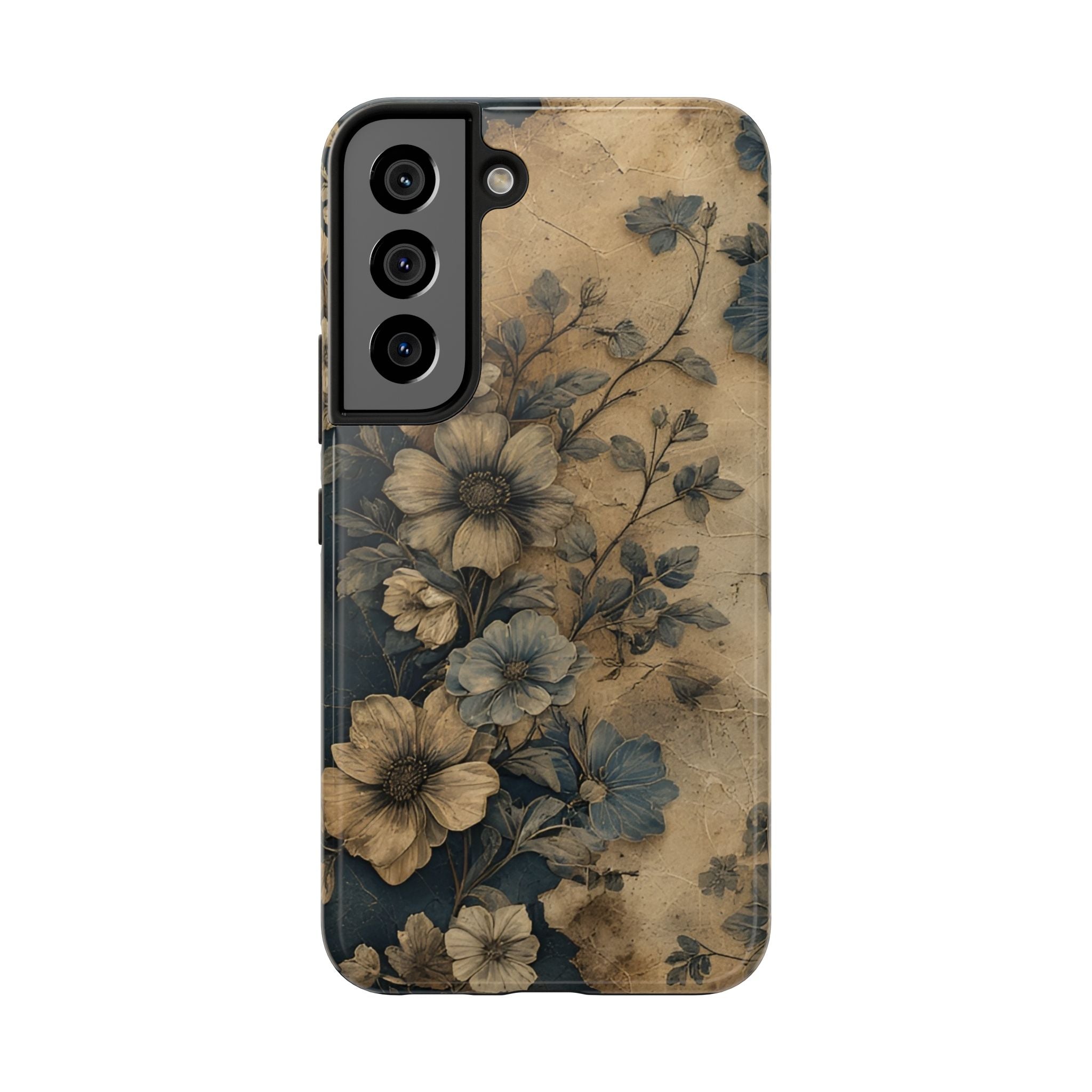 Vintage Floral Tough Phone Case — Antique Beige & Navy Protective Cover