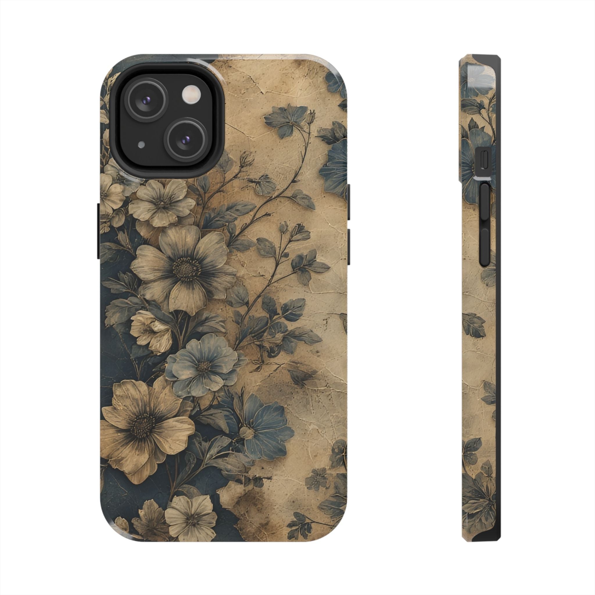Vintage Floral Tough Phone Case — Antique Beige & Navy Protective Cover