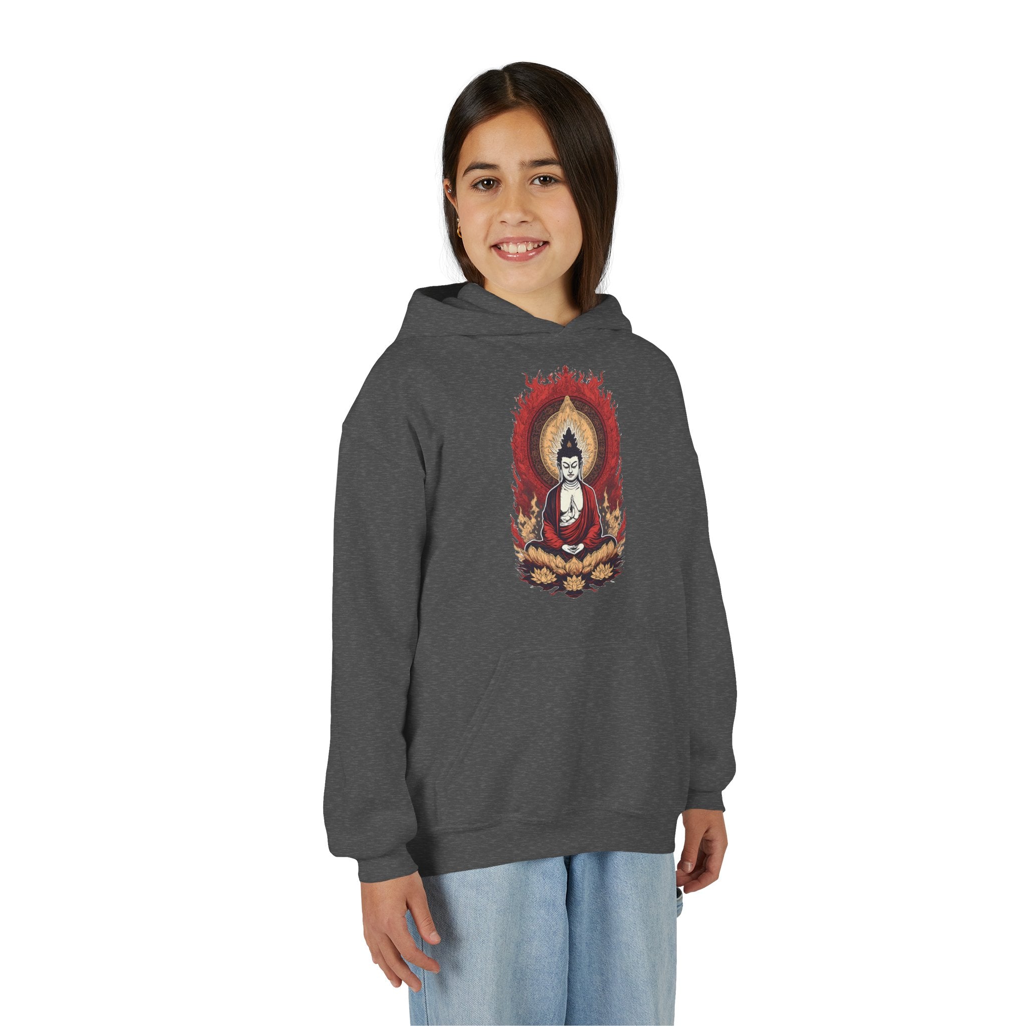 Buddha Flame Youth Hoodie — Meditative Lotus Buddha Graphic Sweatshirt