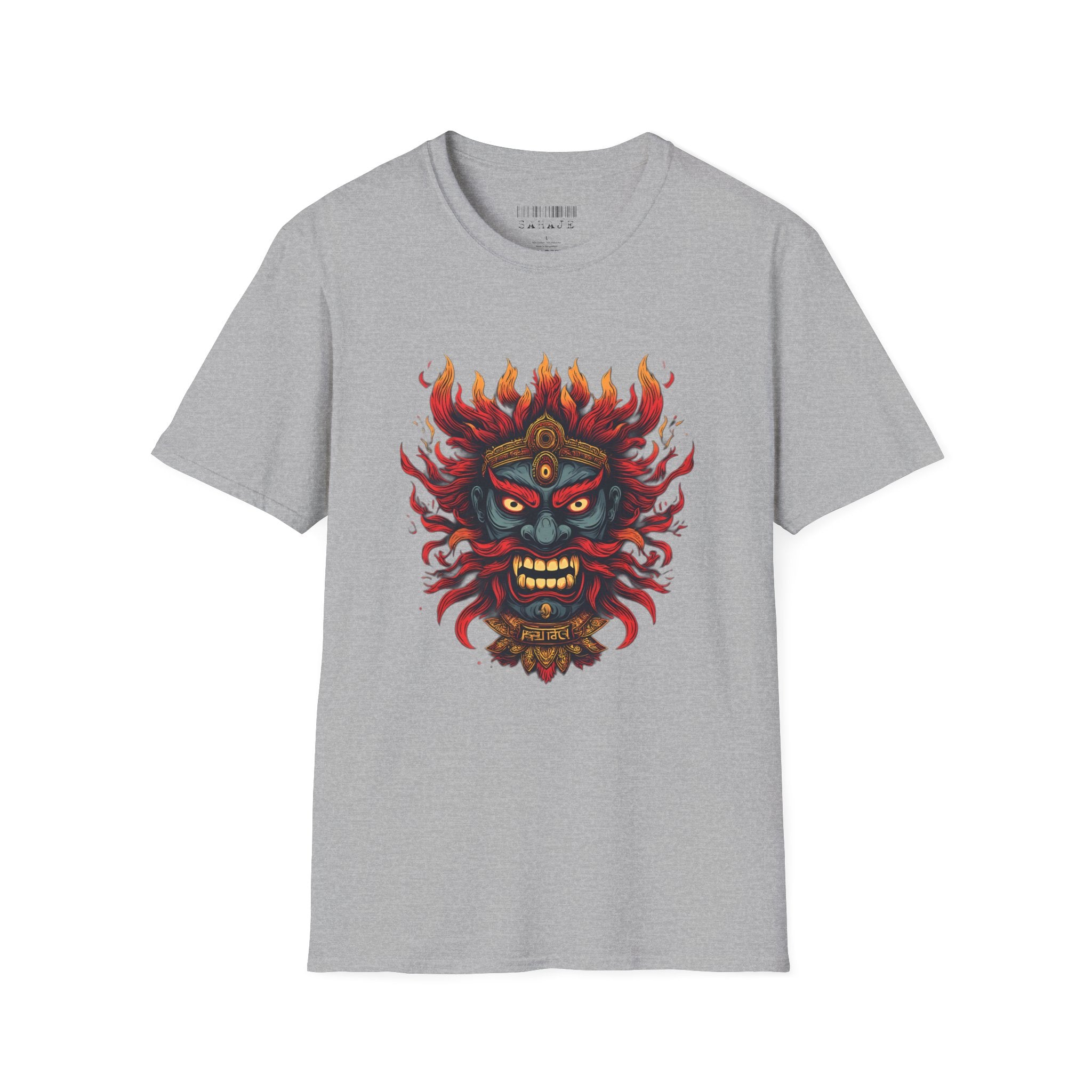 Flaming Demon Mask T-Shirt — Fierce Tattoo-Style Graphic Tee