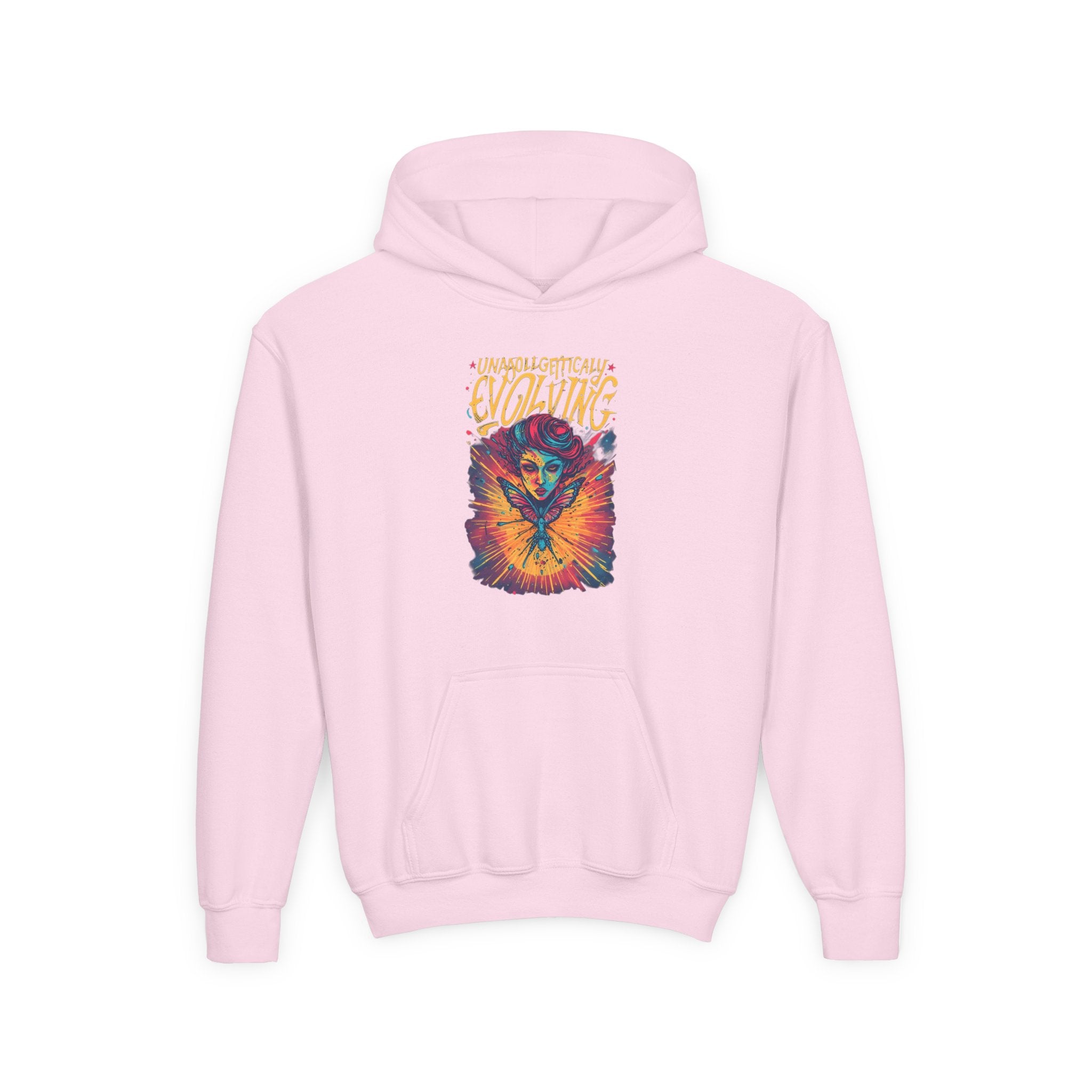 Youth Hoodie — Vibrant 'Evolving' Butterfly Girl Graphic Sweatshirt