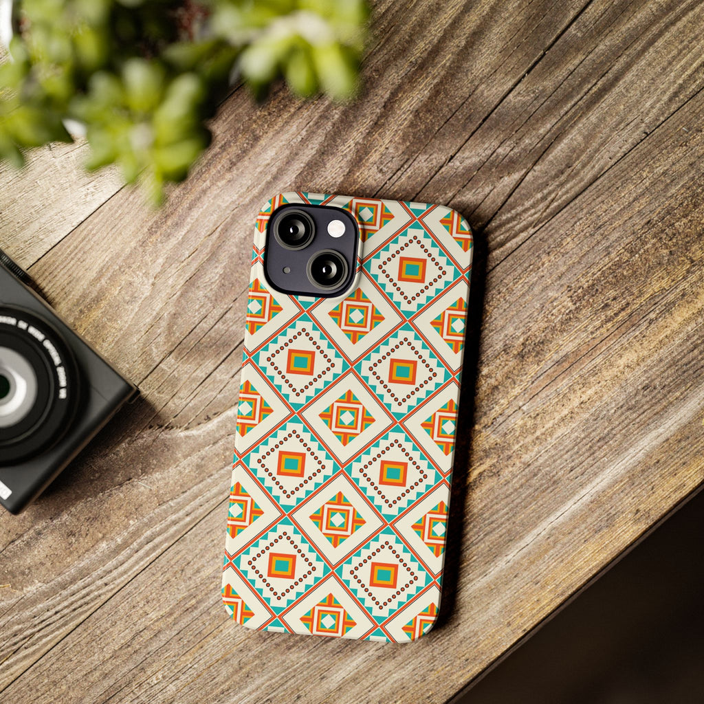 Slim Phone Case — Retro Geometric Tile Pattern (Turquoise & Orange)