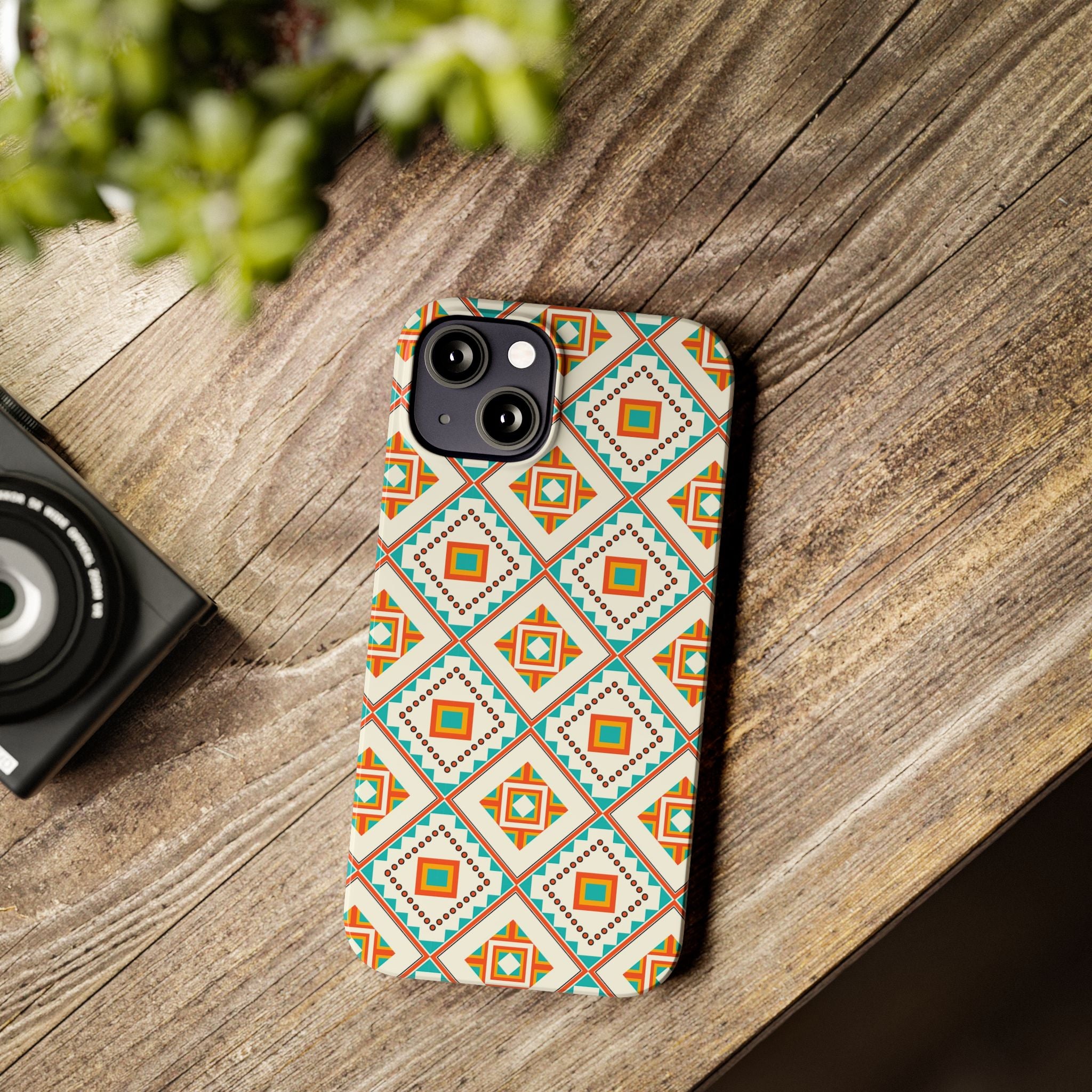 Slim Phone Case — Retro Geometric Tile Pattern (Turquoise & Orange)