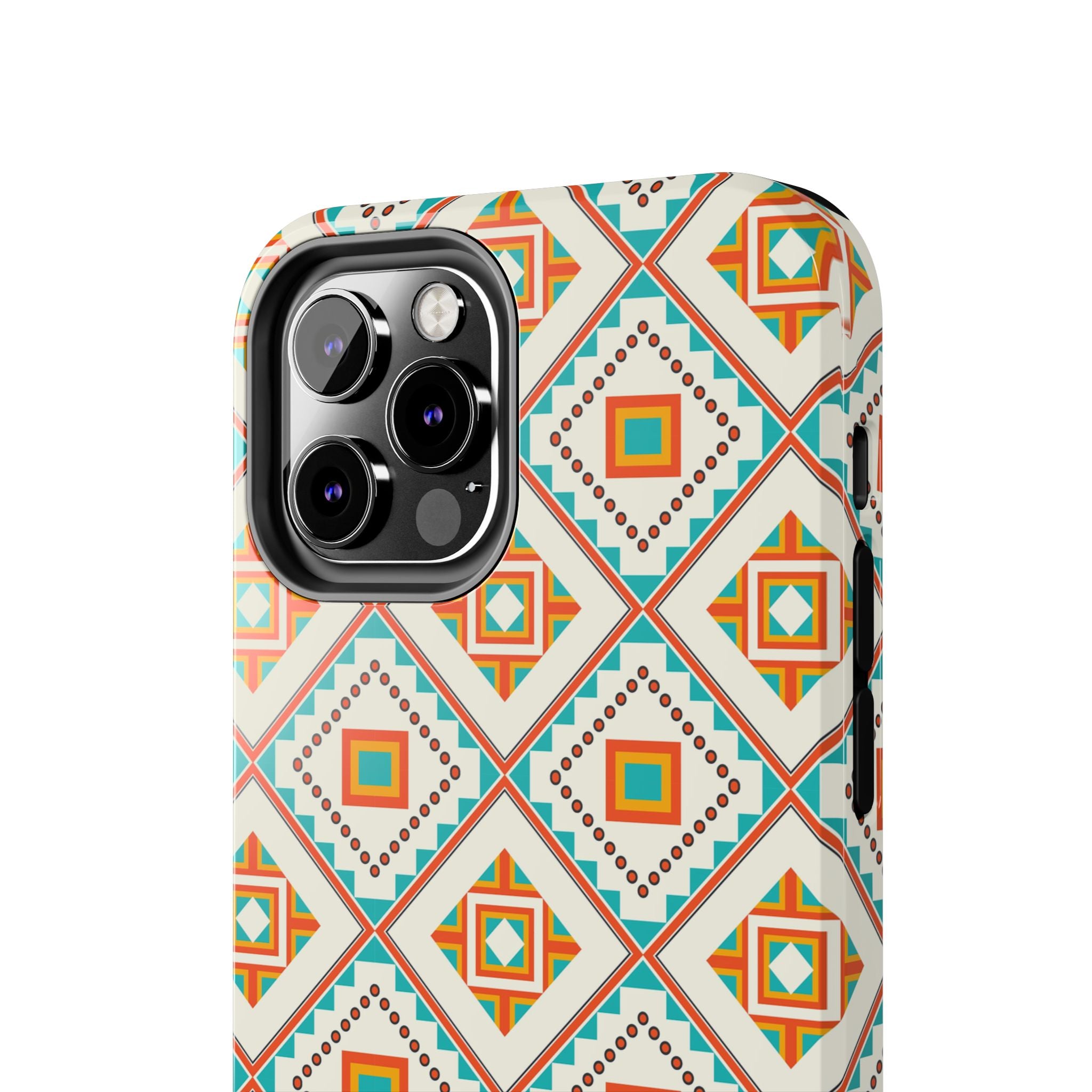 Tough Phone Case — Geometric Retro Tile Pattern, Orange & Teal Protective Cover
