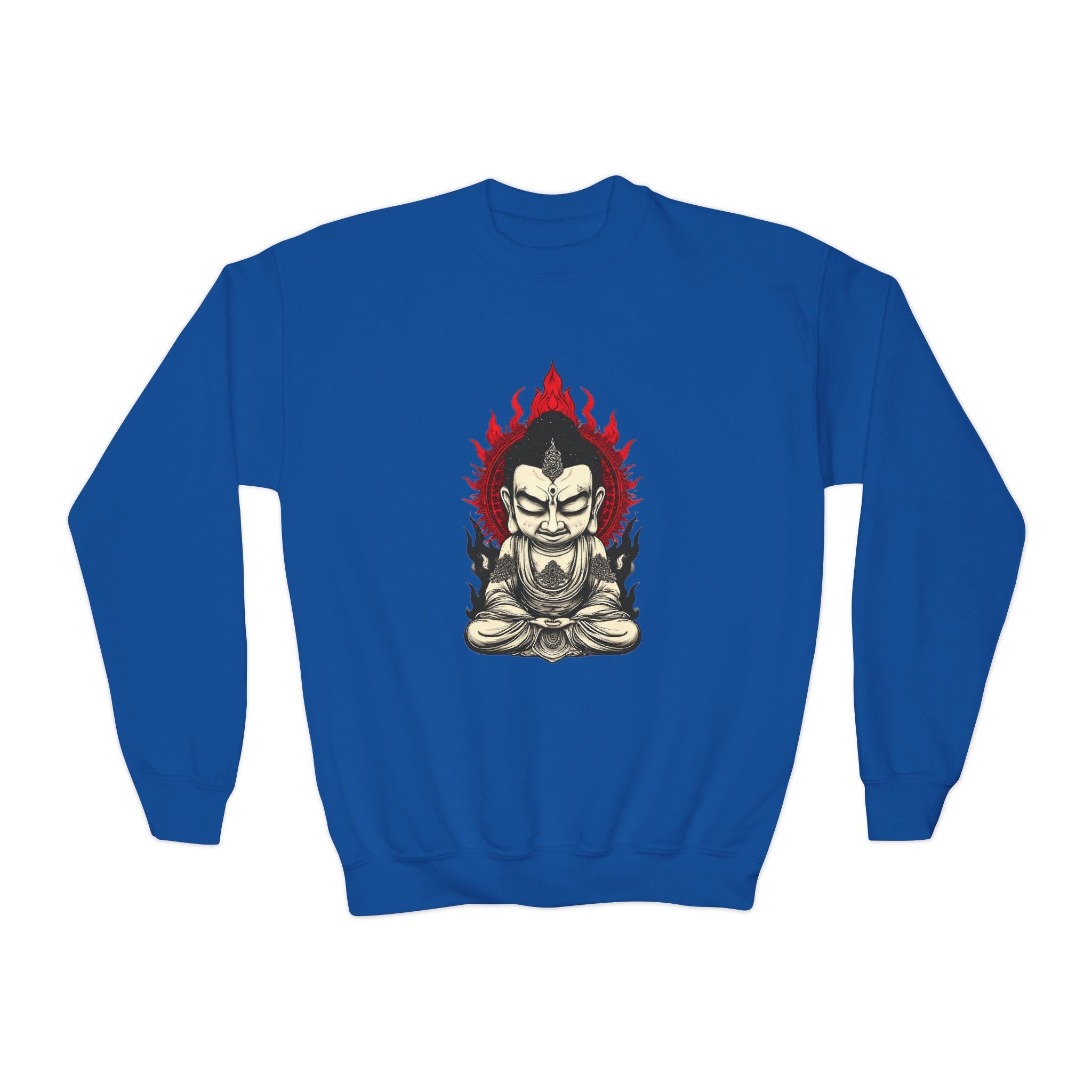 Flaming Meditating Buddha Youth Crewneck Sweatshirt — Zen Graphic Sweater for Kids