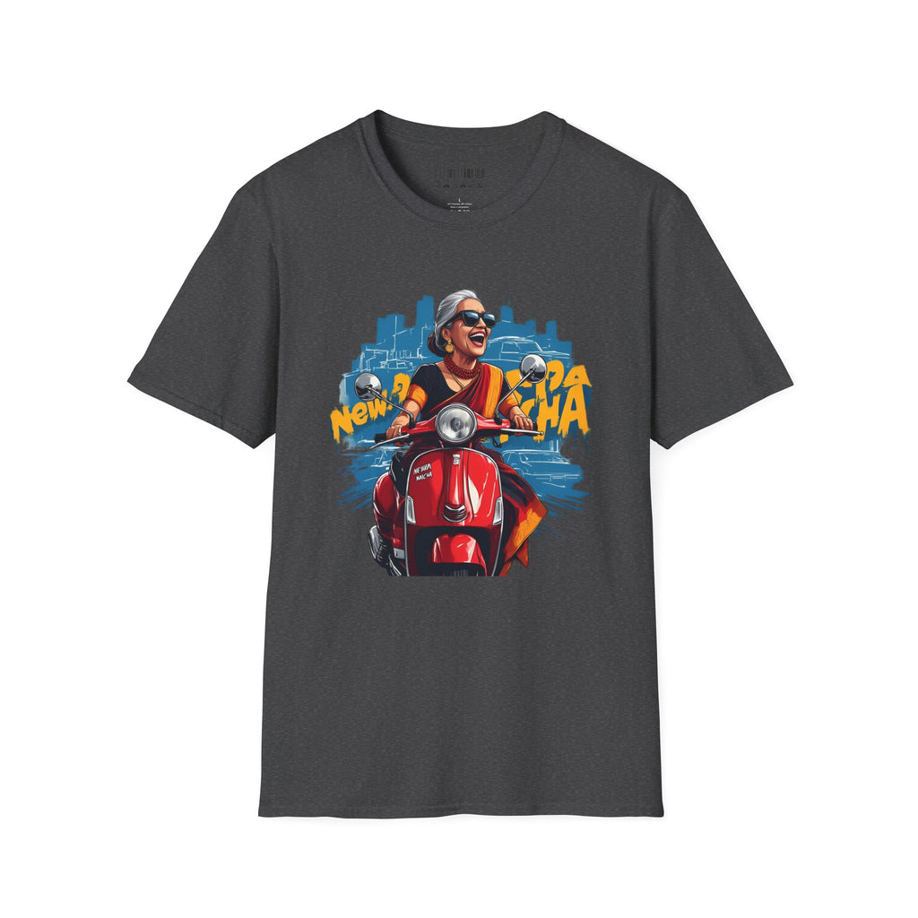 Newa Maicha Riding Scooter T-Shirt – Newari Woman in New York Graphic Tee, Cultural & Urban Design