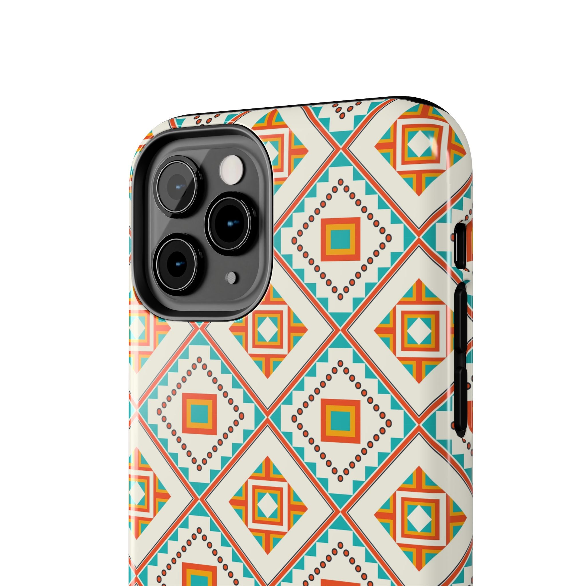 Tough Phone Case — Geometric Retro Tile Pattern, Orange & Teal Protective Cover