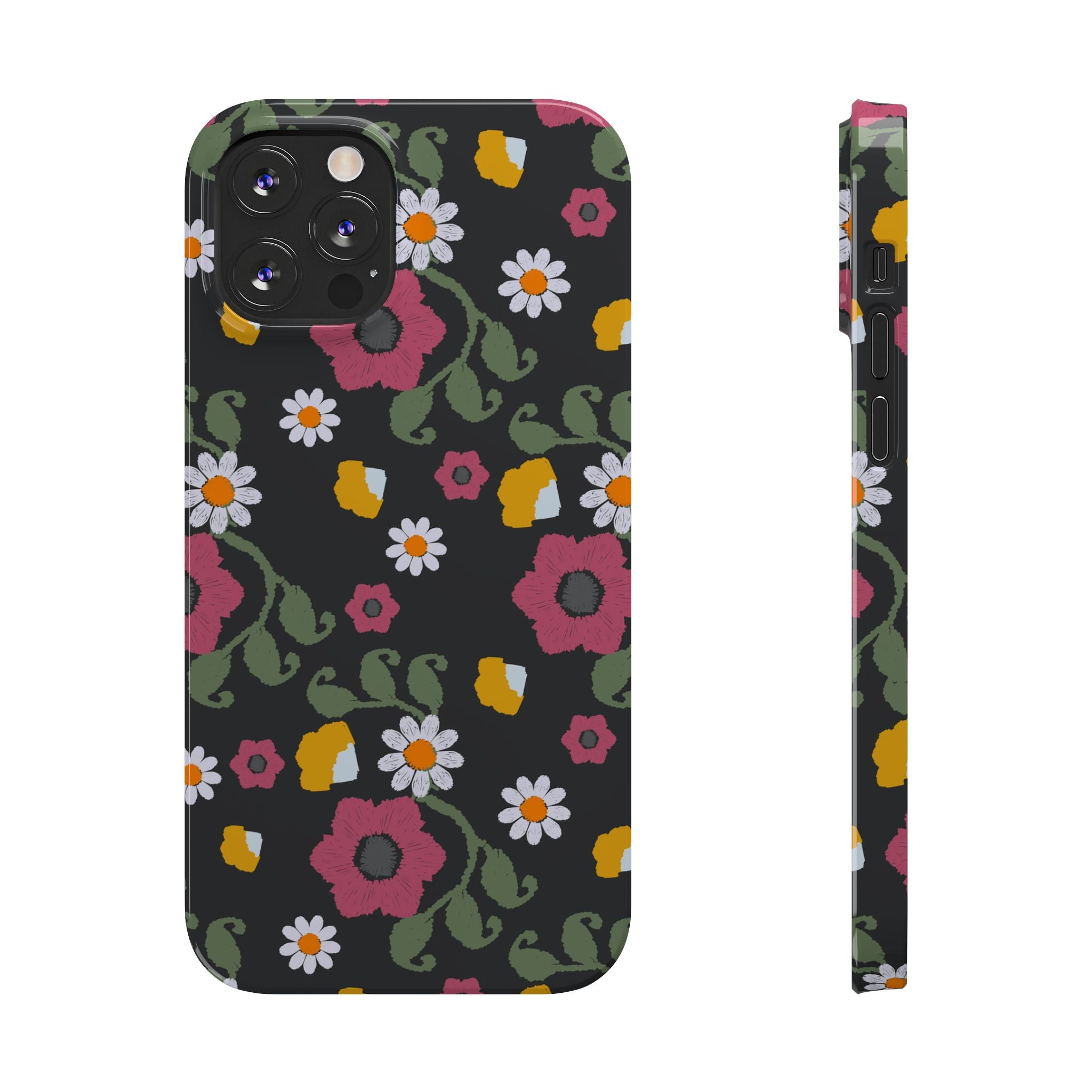 Floral Slim Phone Case, Black Flower Phone Cover, Stylish Phone Accessory, Gift for Her, Trendy Floral Case