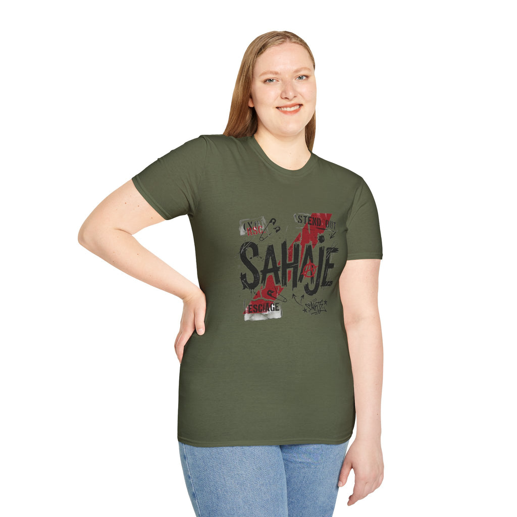 Sahajé Graphic T-Shirt — Bold Streetwear Tee with Red Slash Design