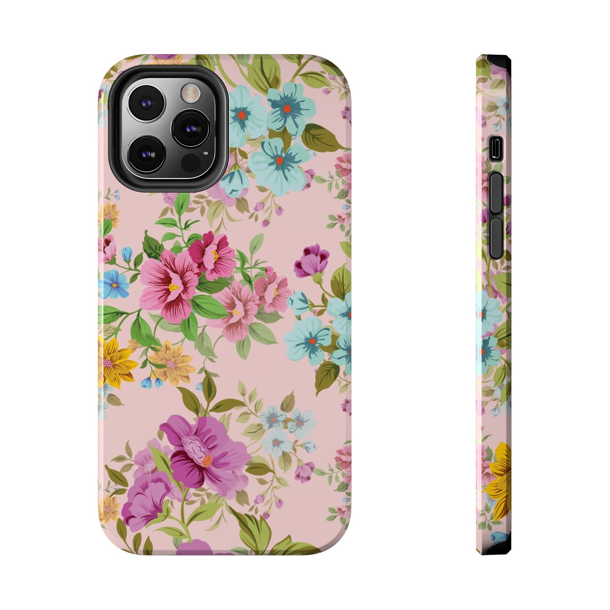 Floral Vintage Tough Phone Case — Pink Rose & Blue Blossom Protective Cover