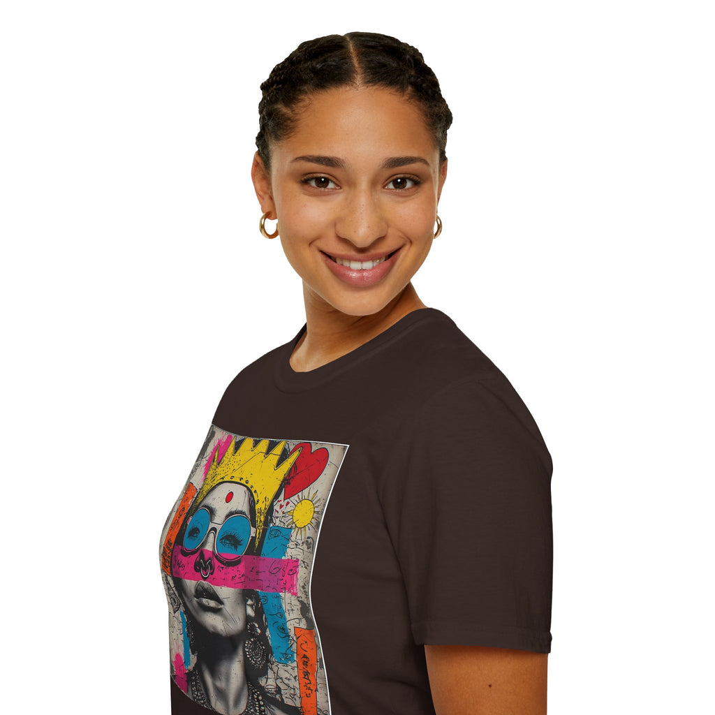 Abstract Pop Art Portrait T-Shirt — Neon Crown & Sunglasses Graphic