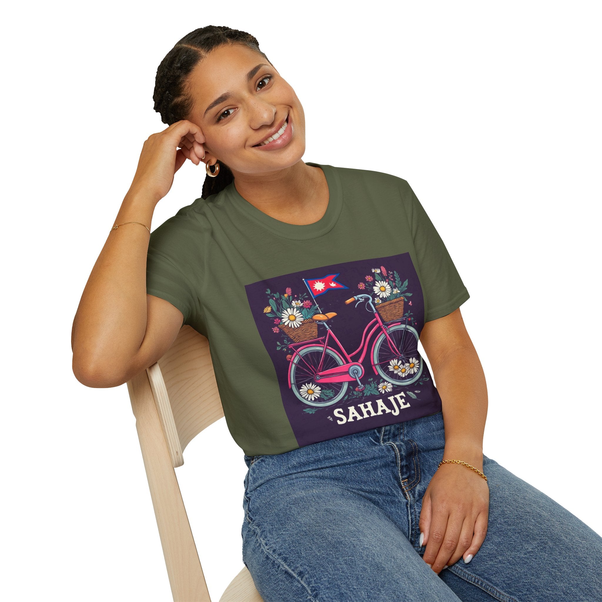 Bicycle Floral T-Shirt – Pink Bike with Baskets & "Sahaje" Text