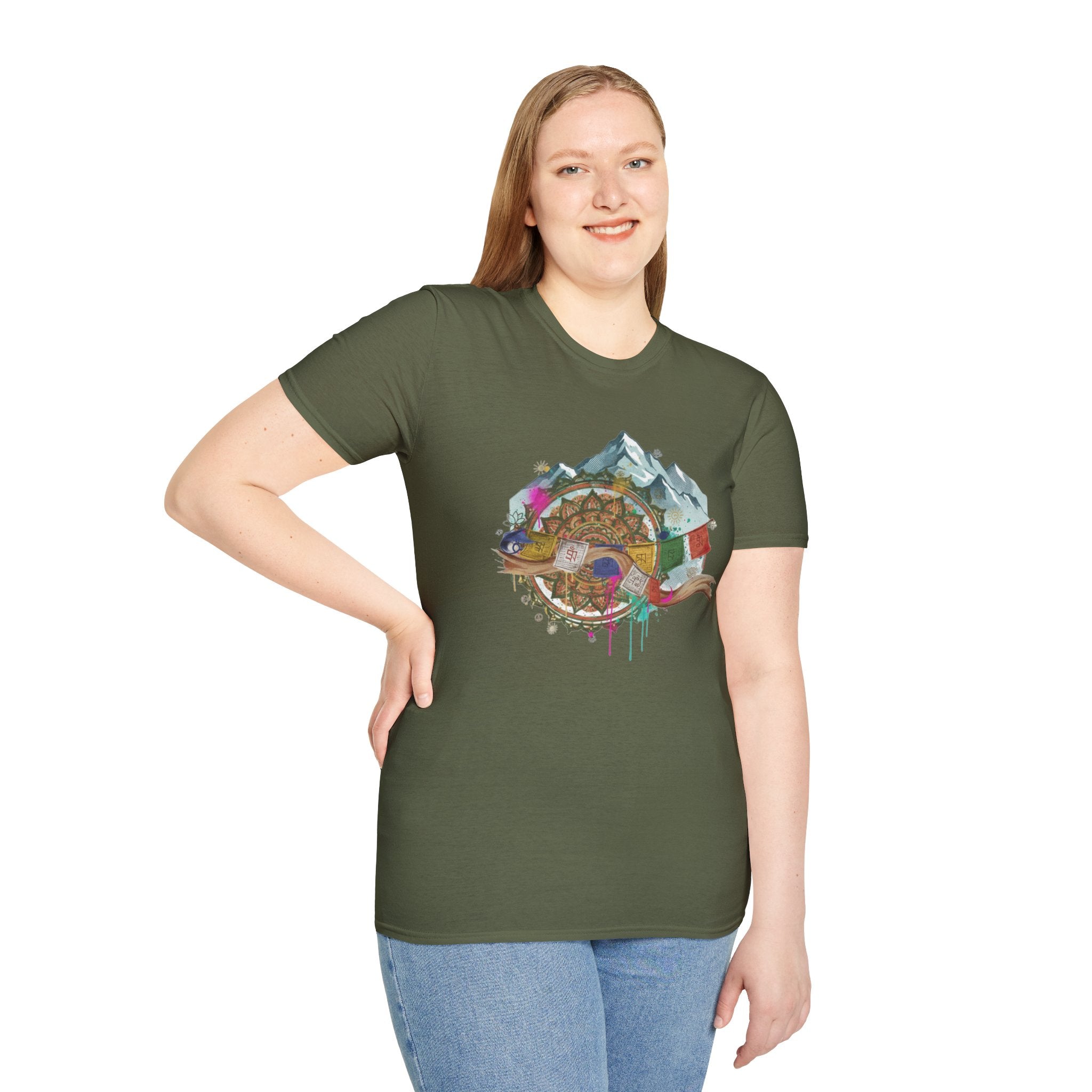 Adventure Compass T-Shirt — Mountain Compass with Prayer Flags & Colorful Globe
