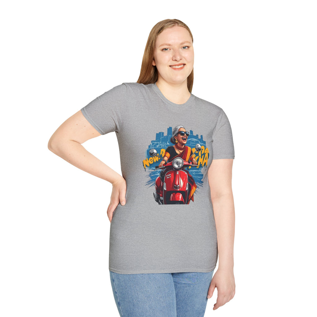 Newa Maicha Riding Scooter T-Shirt – Newari Woman in New York Graphic Tee, Cultural & Urban Design