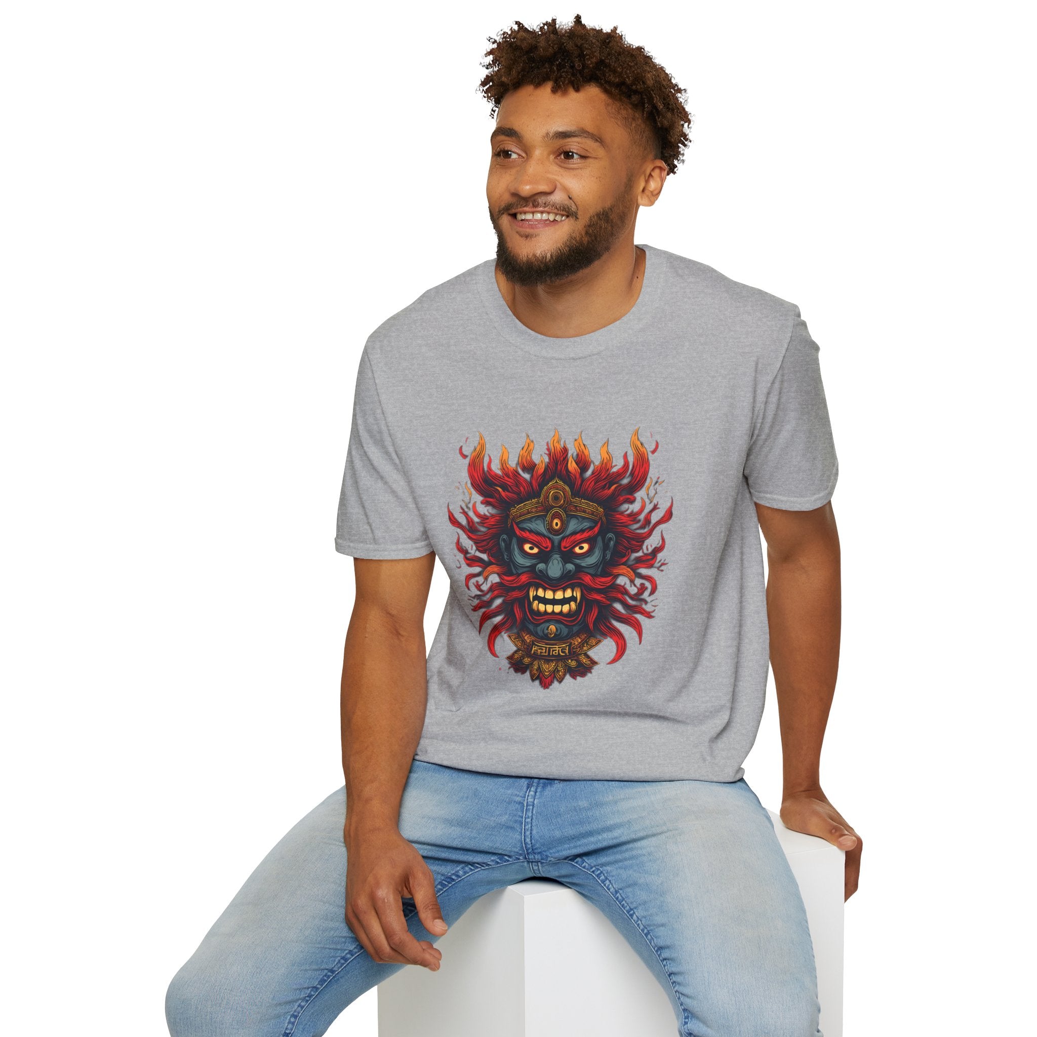 Flaming Demon Mask T-Shirt — Fierce Tattoo-Style Graphic Tee