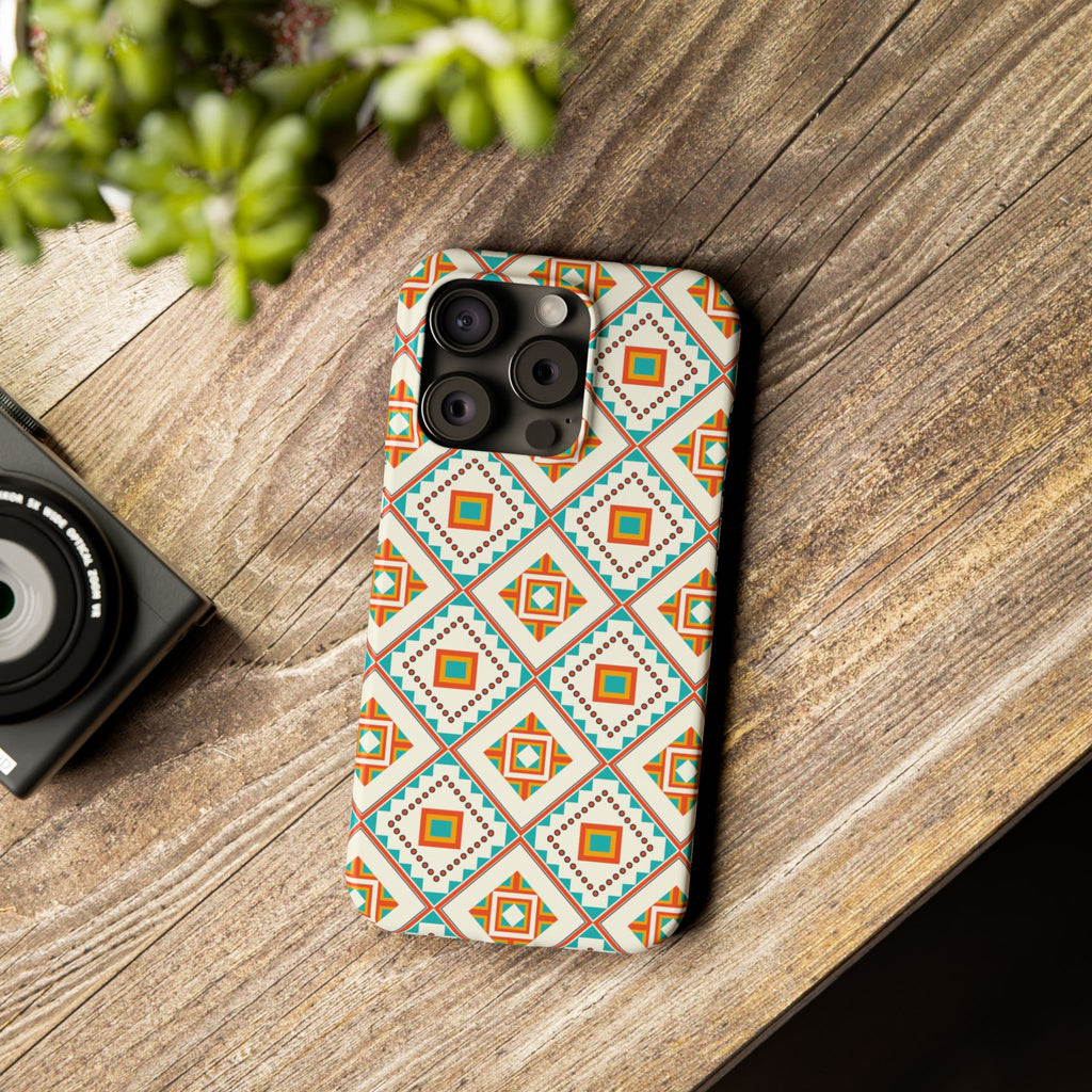 Slim Phone Case — Retro Geometric Tile Pattern (Turquoise & Orange)