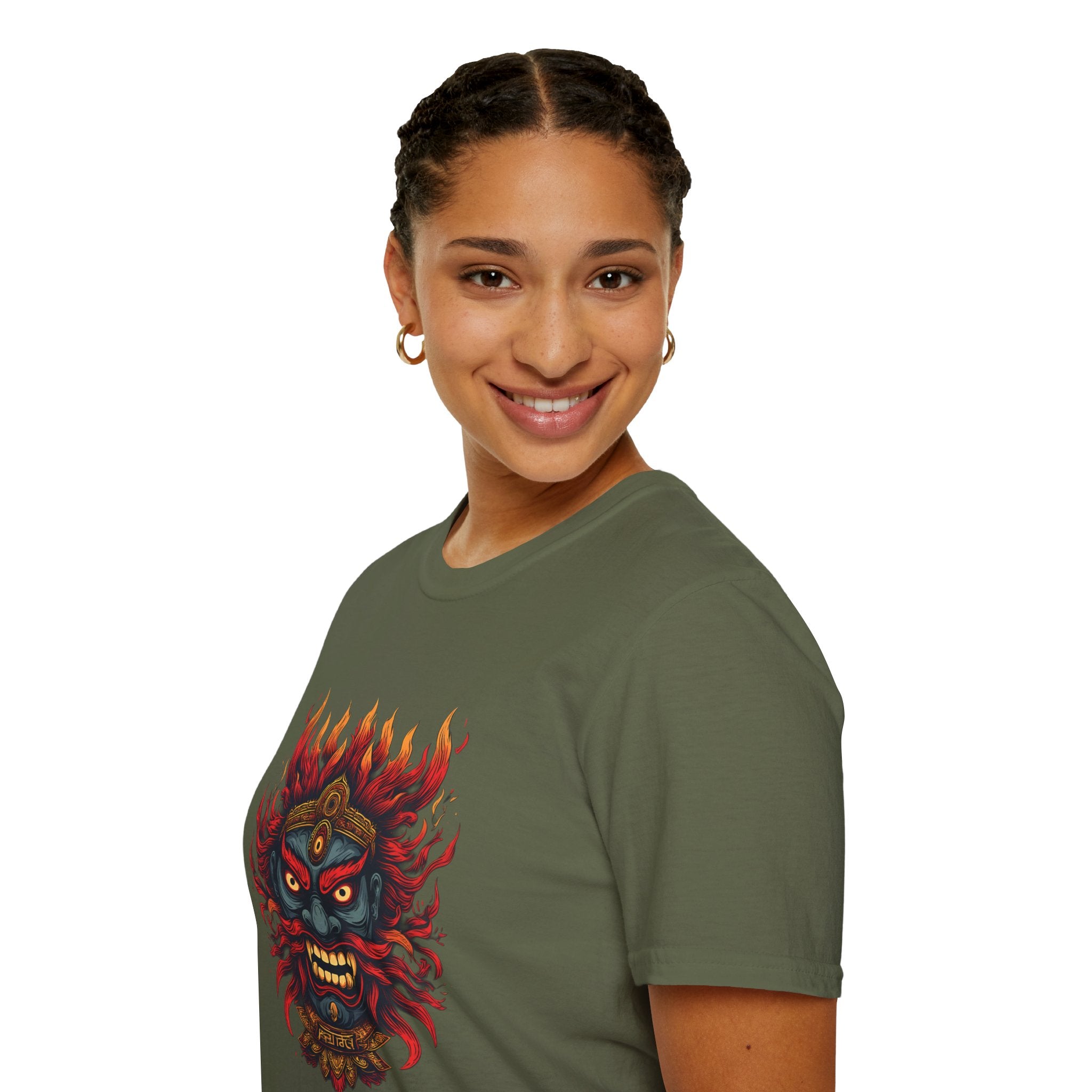 Flaming Demon Mask T-Shirt — Fierce Tattoo-Style Graphic Tee