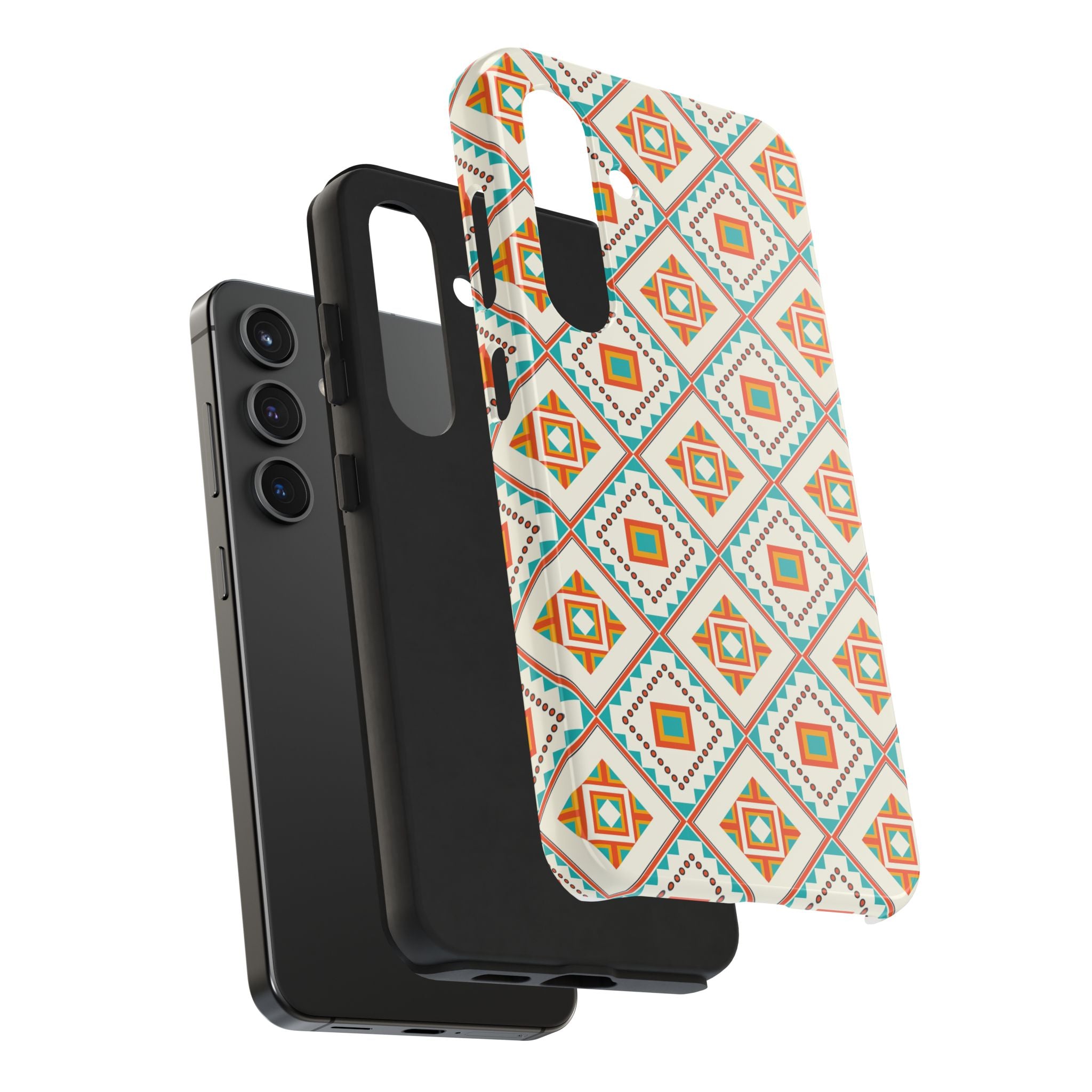 Tough Phone Case — Geometric Retro Tile Pattern, Orange & Teal Protective Cover