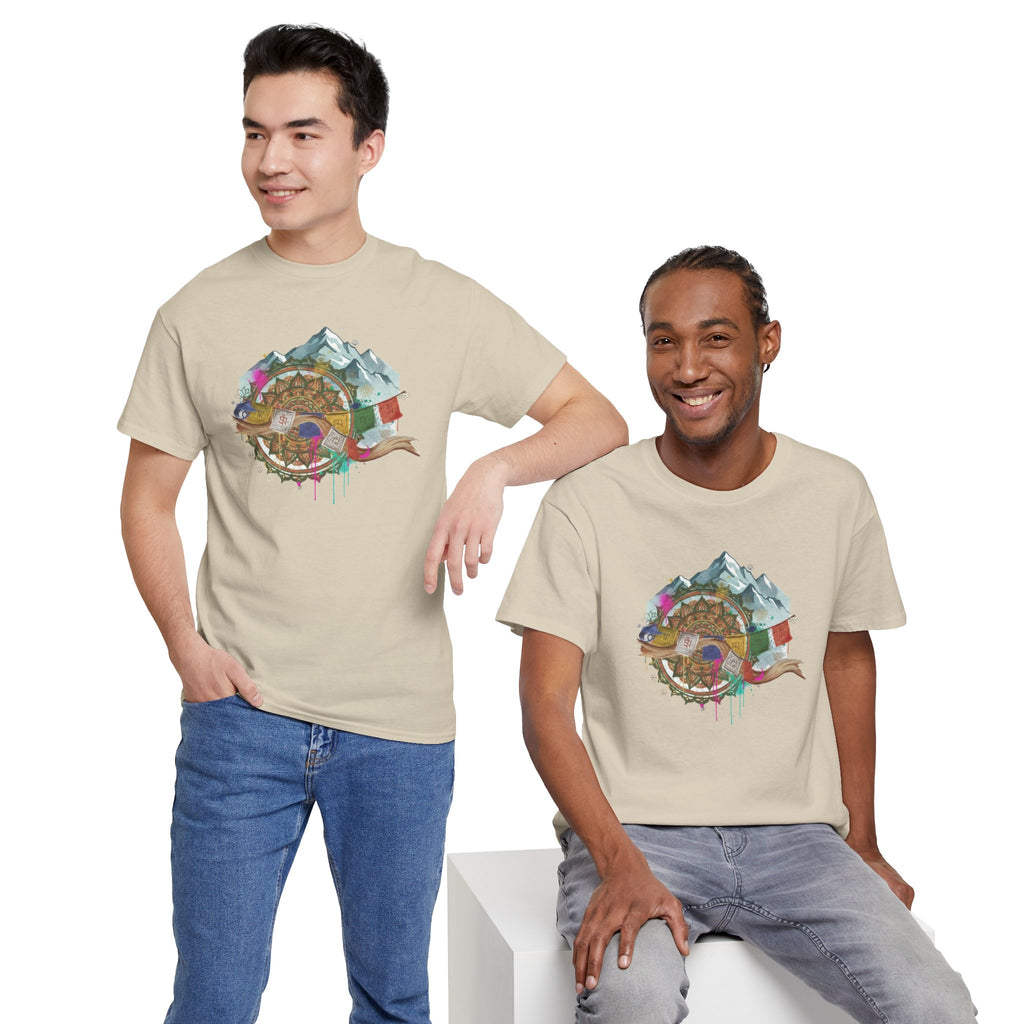 Adventure Compass Graphic Tee — Mountain, Globe & Flag Illustration