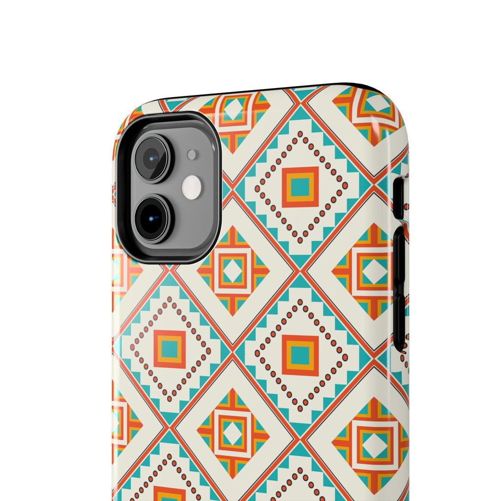 Tough Phone Case — Geometric Retro Tile Pattern, Orange & Teal Protective Cover