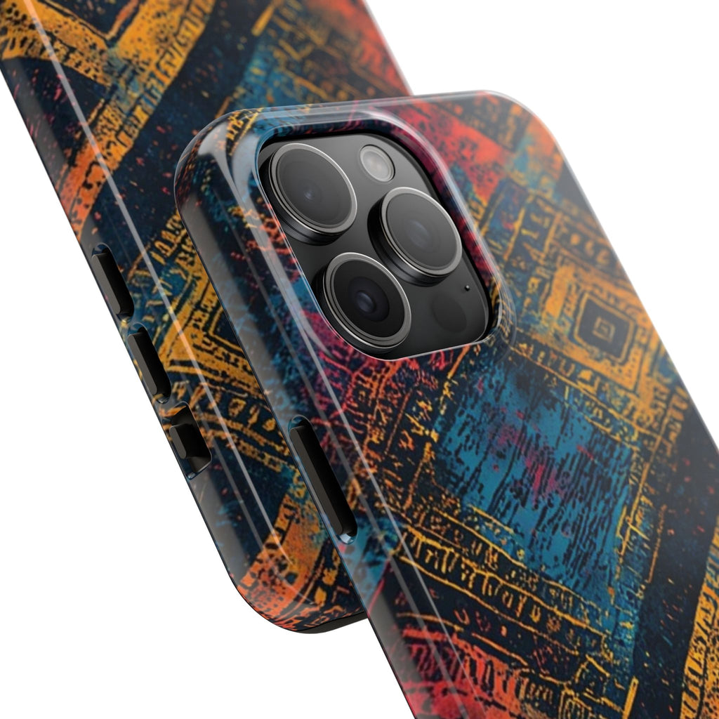 Tough Phone Case – Abstract Rustic Geometric Design (Blue, Orange, Magenta)