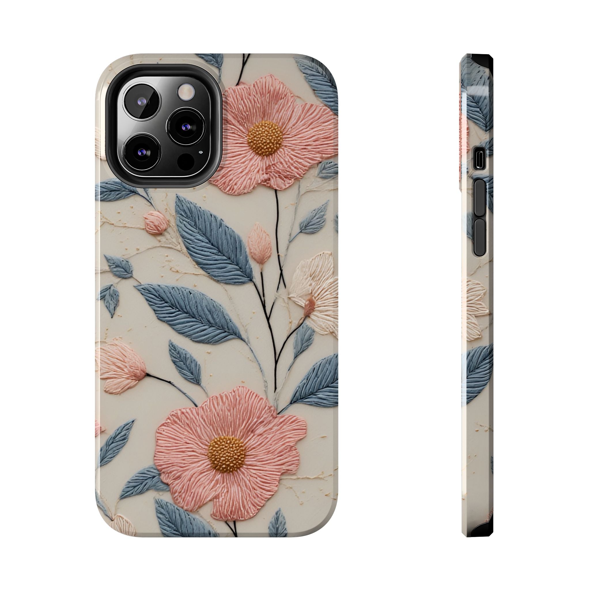 Floral Embroidered Tough Phone Case — Pink Blossom Protective Phone Cover