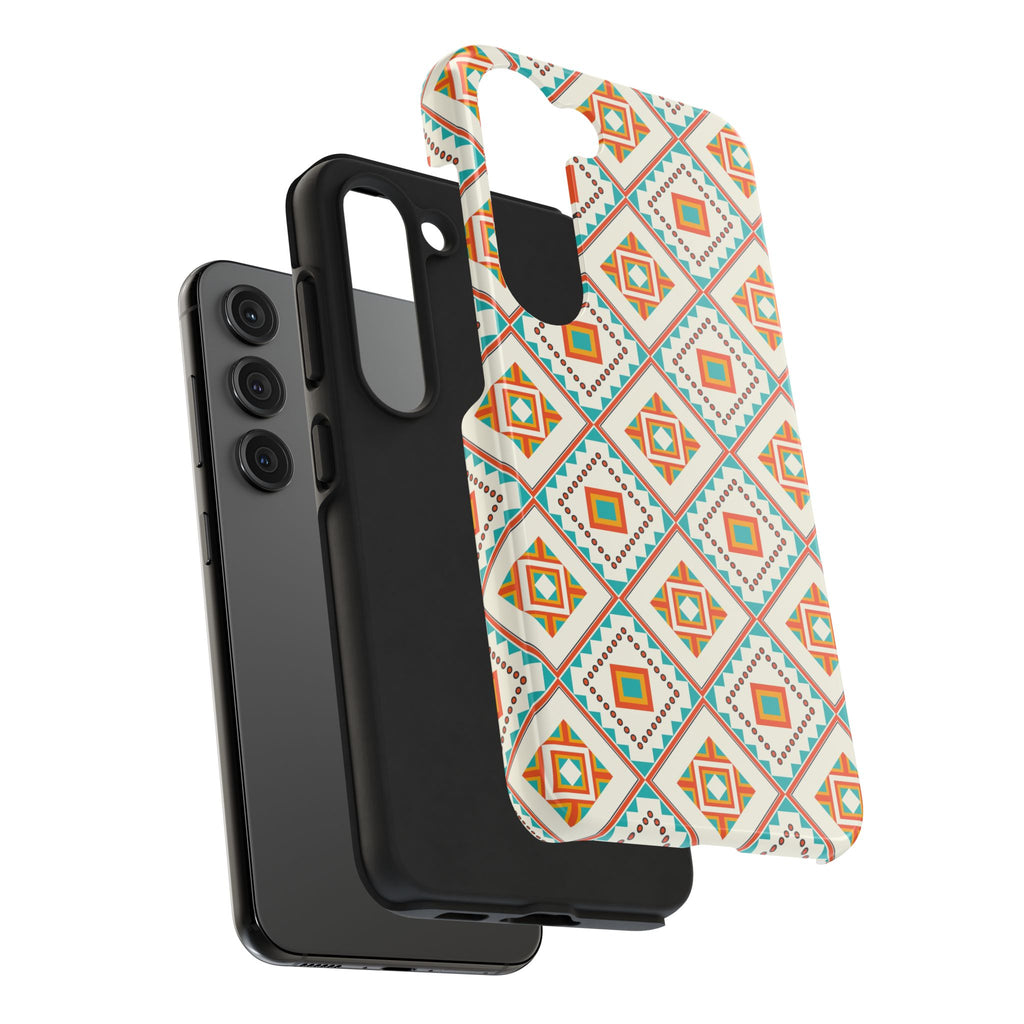 Tough Phone Case — Geometric Retro Tile Pattern, Orange & Teal Protective Cover