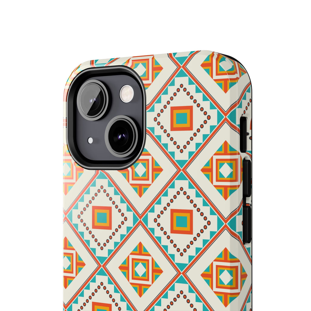 Tough Phone Case — Geometric Retro Tile Pattern, Orange & Teal Protective Cover