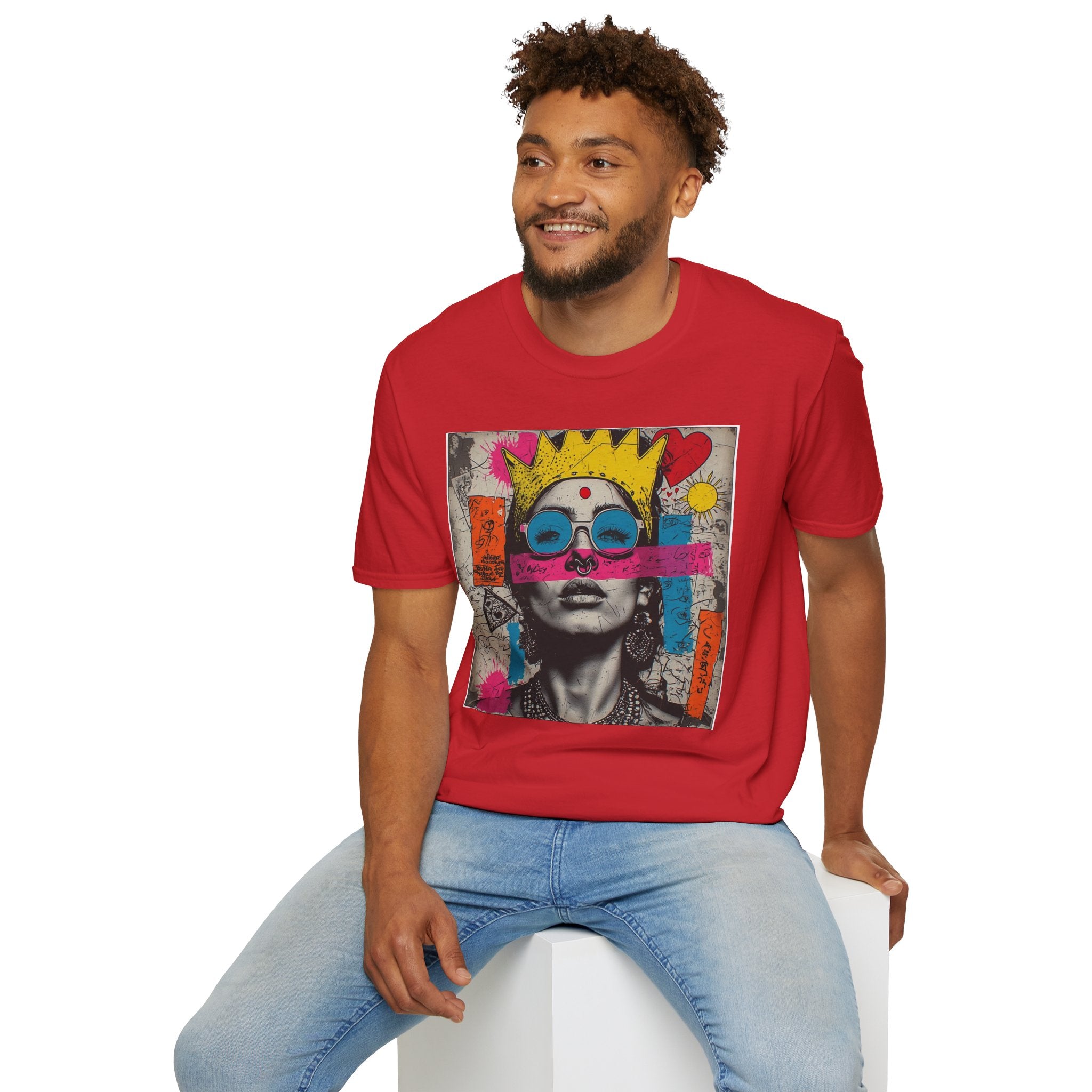 Abstract Pop Art Portrait T-Shirt — Neon Crown & Sunglasses Graphic