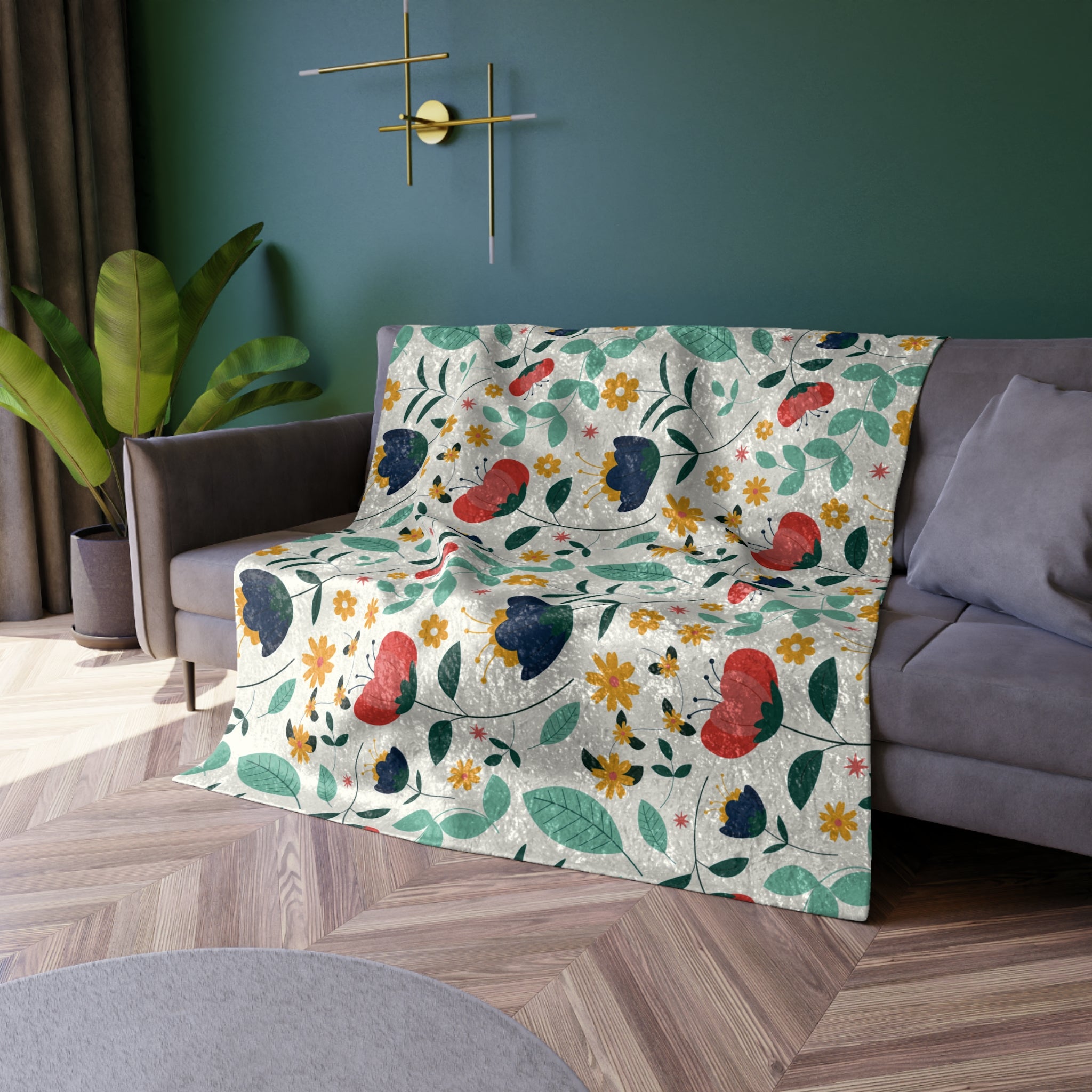 Floral Crushed Velvet Blanket — Soft Decorative Throw with Colorful Botanical Pattern