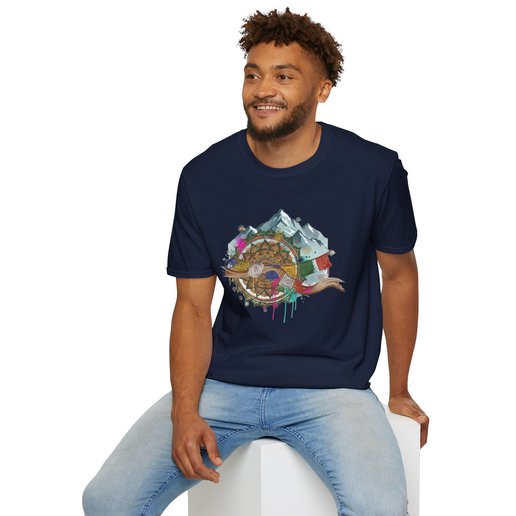 Adventure Compass T-Shirt — Mountain Compass with Prayer Flags & Colorful Globe