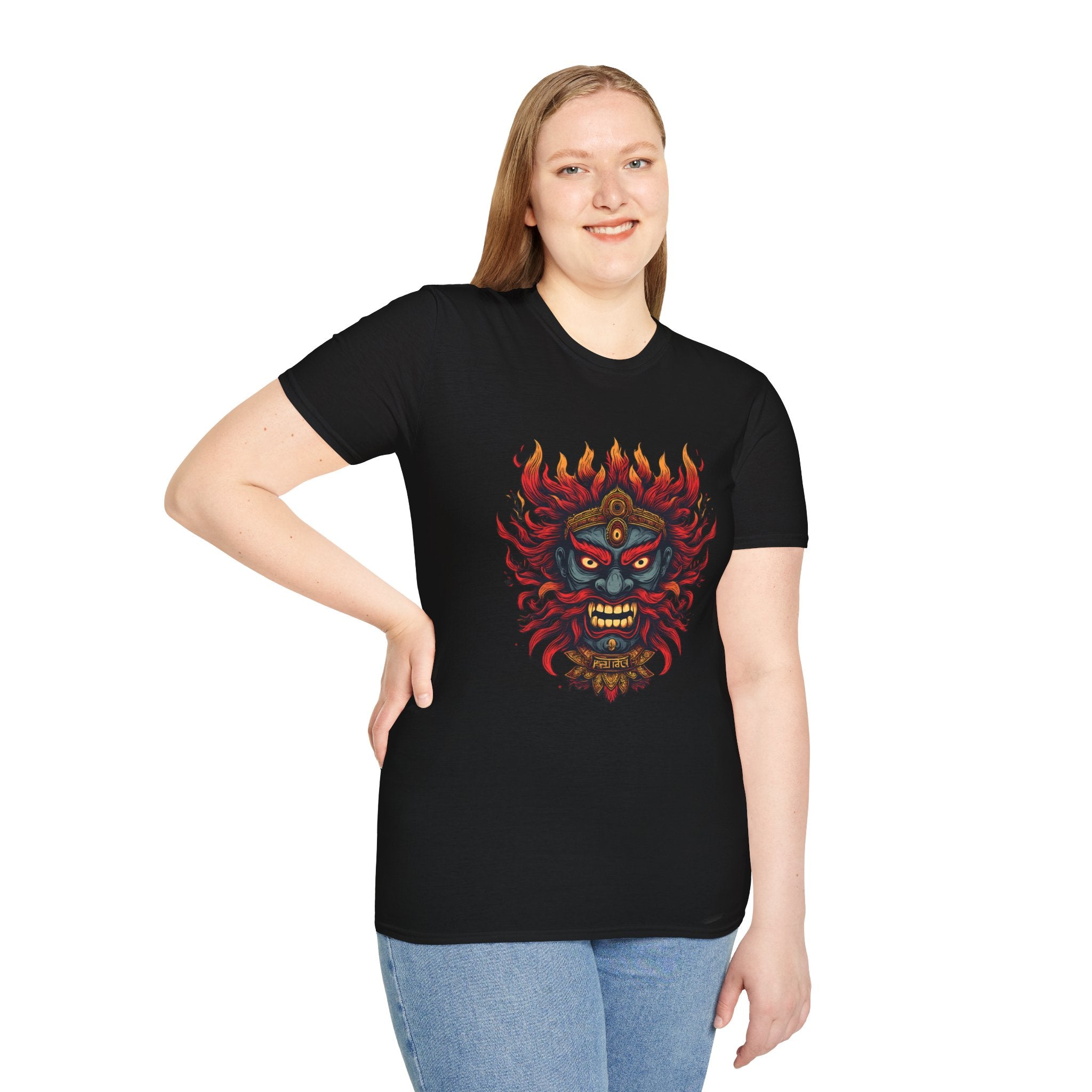 Flaming Demon Mask T-Shirt — Fierce Tattoo-Style Graphic Tee