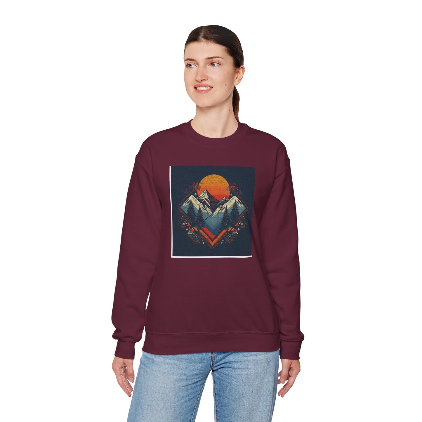 Mountain Sunset Crewneck Sweatshirt — Retro Geometric Peaks Graphic
