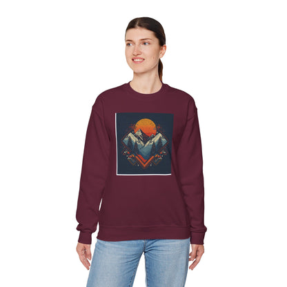 Mountain Sunset Crewneck Sweatshirt — Retro Geometric Peaks Graphic