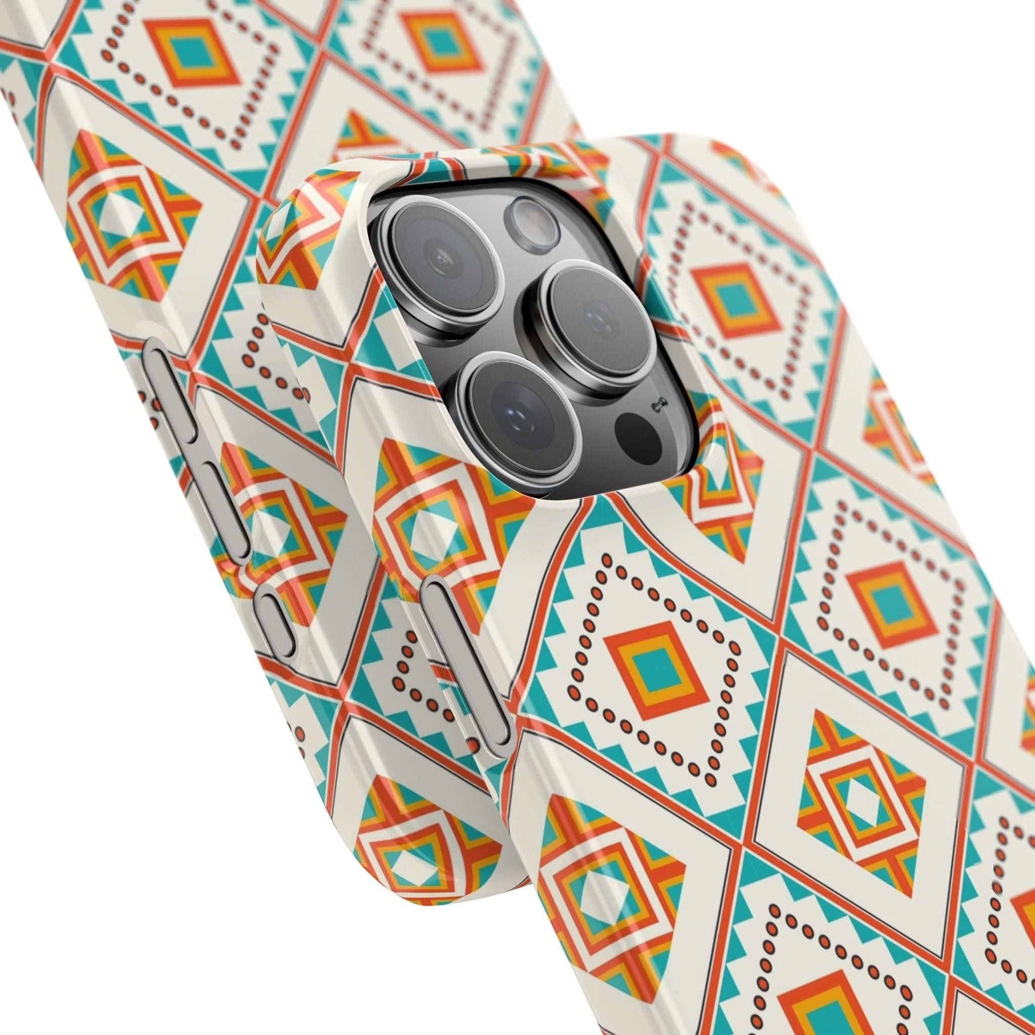 Slim Phone Case — Retro Geometric Tile Pattern (Turquoise & Orange)
