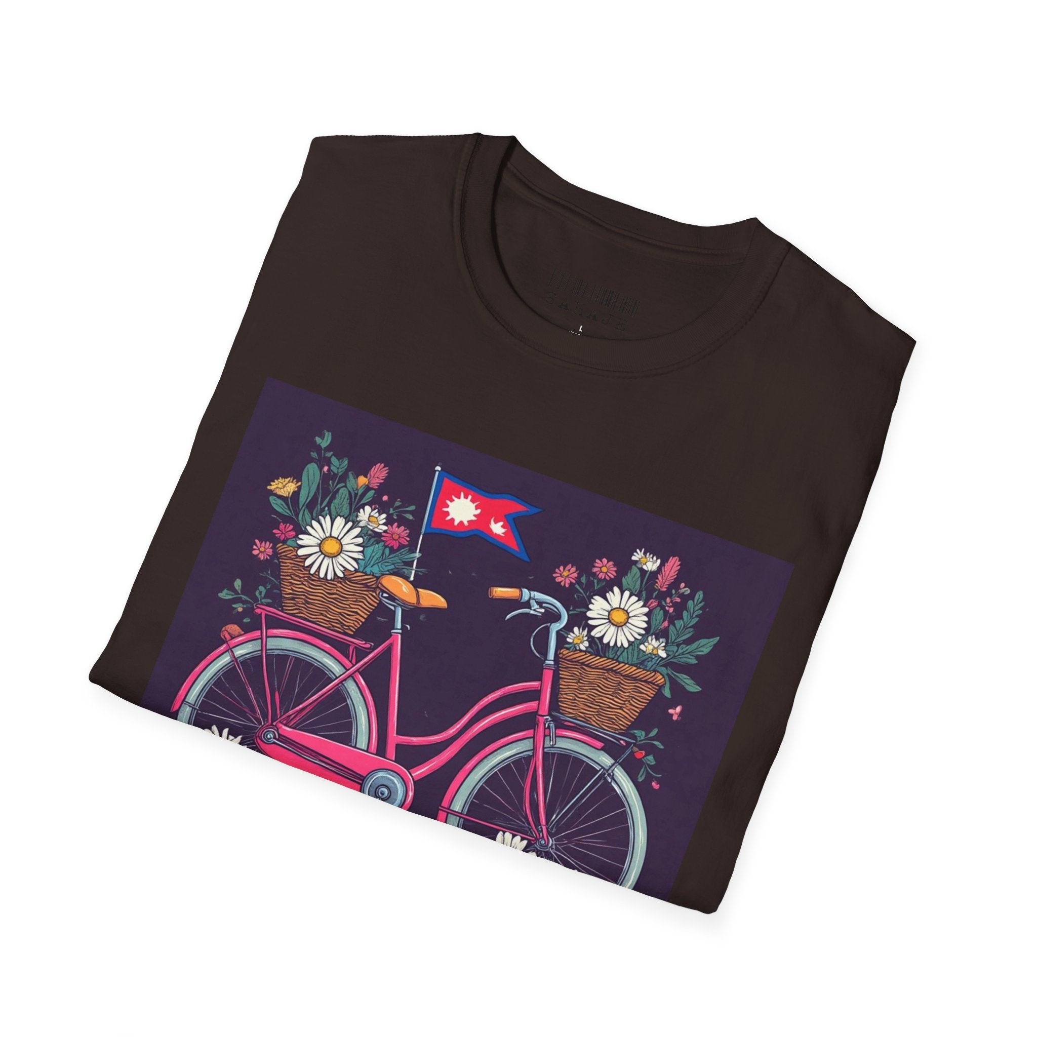Bicycle Floral T-Shirt – Pink Bike with Baskets & "Sahaje" Text